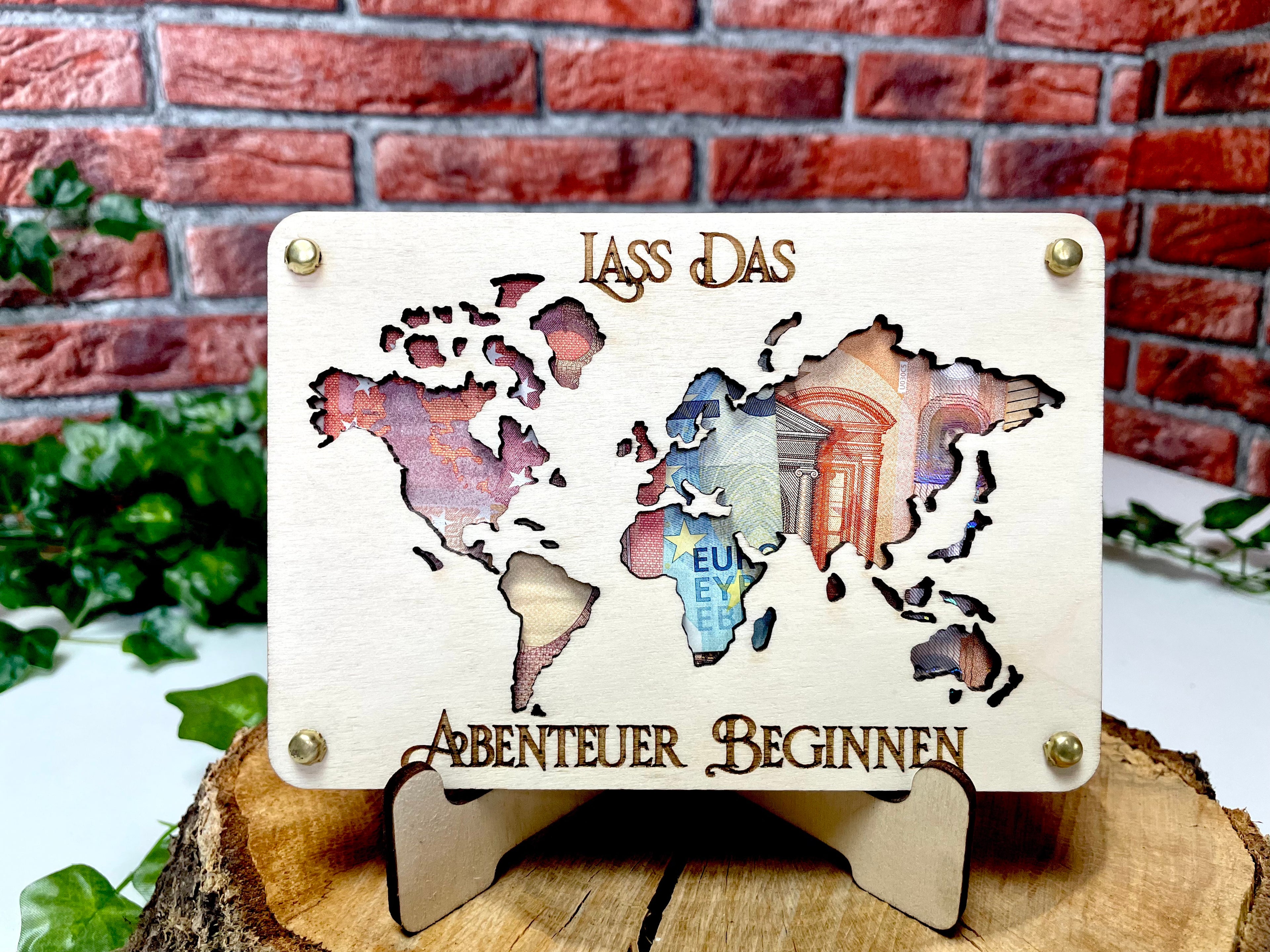 Geldgeschenk Weltkarte 'Lass Das Abenteuer Beginnen' Geschenkideen Holz Bilder Schilder Geburtstag Zur Erholung  Outdoor im Urlaub