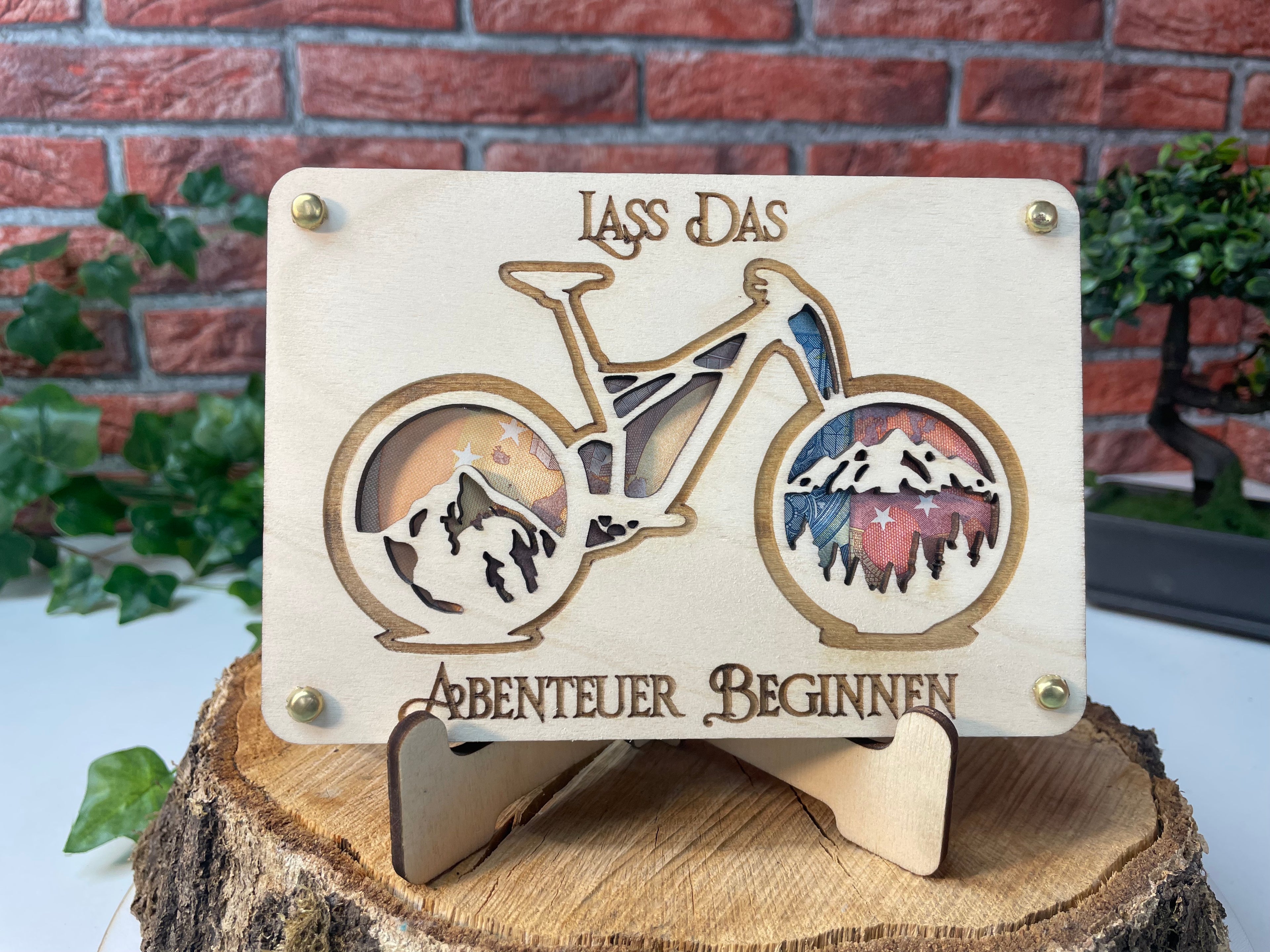 Geldgeschenk Fahrrad 'Lass Das Abenteuer Beginnen' Geschenkideen Holz Bilder Schilder Geburtstag Zur Erholung Bergliebe Outdoor Natur Wälder