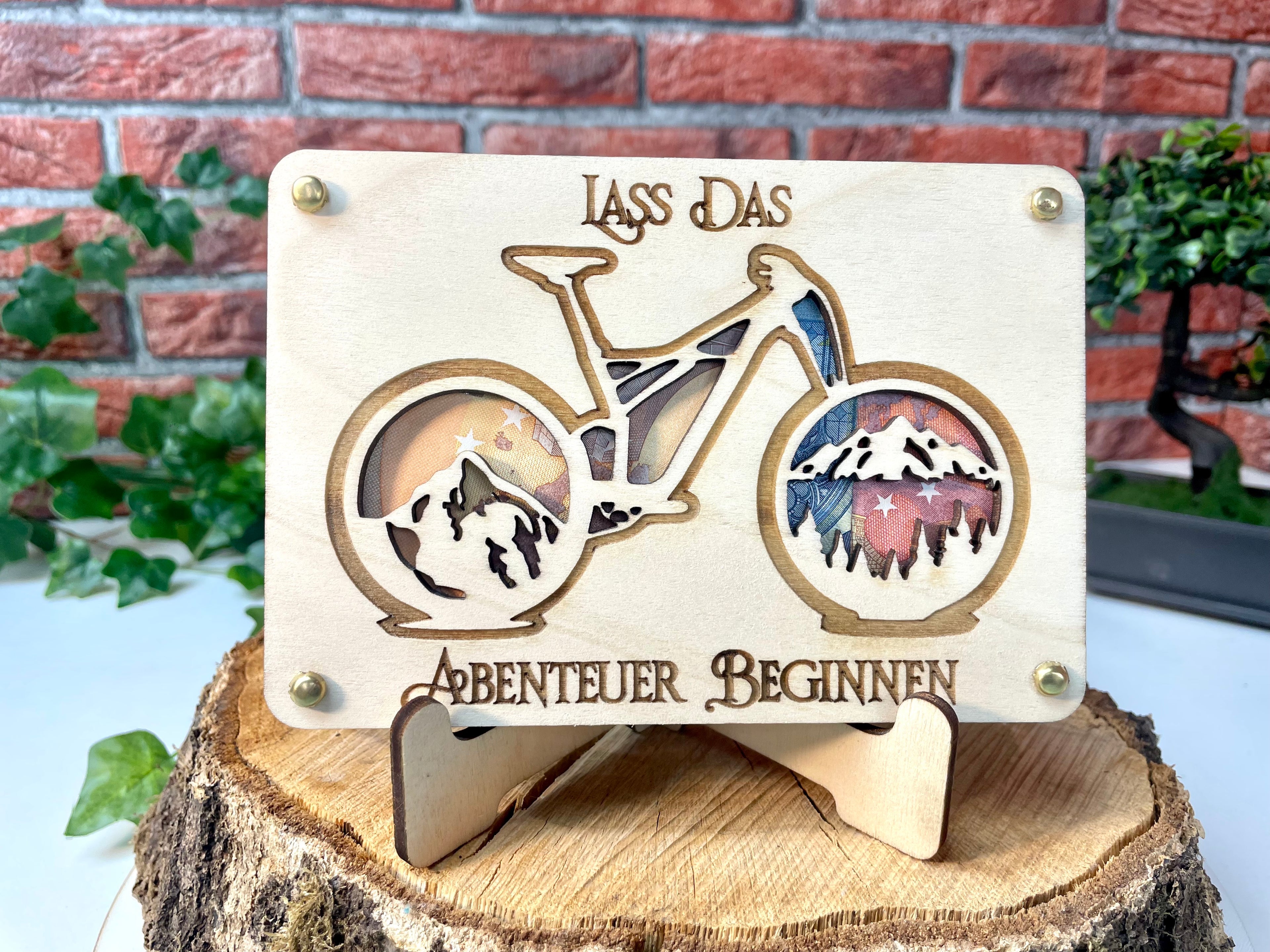 Geldgeschenk Fahrrad 'Lass Das Abenteuer Beginnen' Geschenkideen Holz Bilder Schilder Geburtstag Zur Erholung Bergliebe Outdoor Natur Wälder