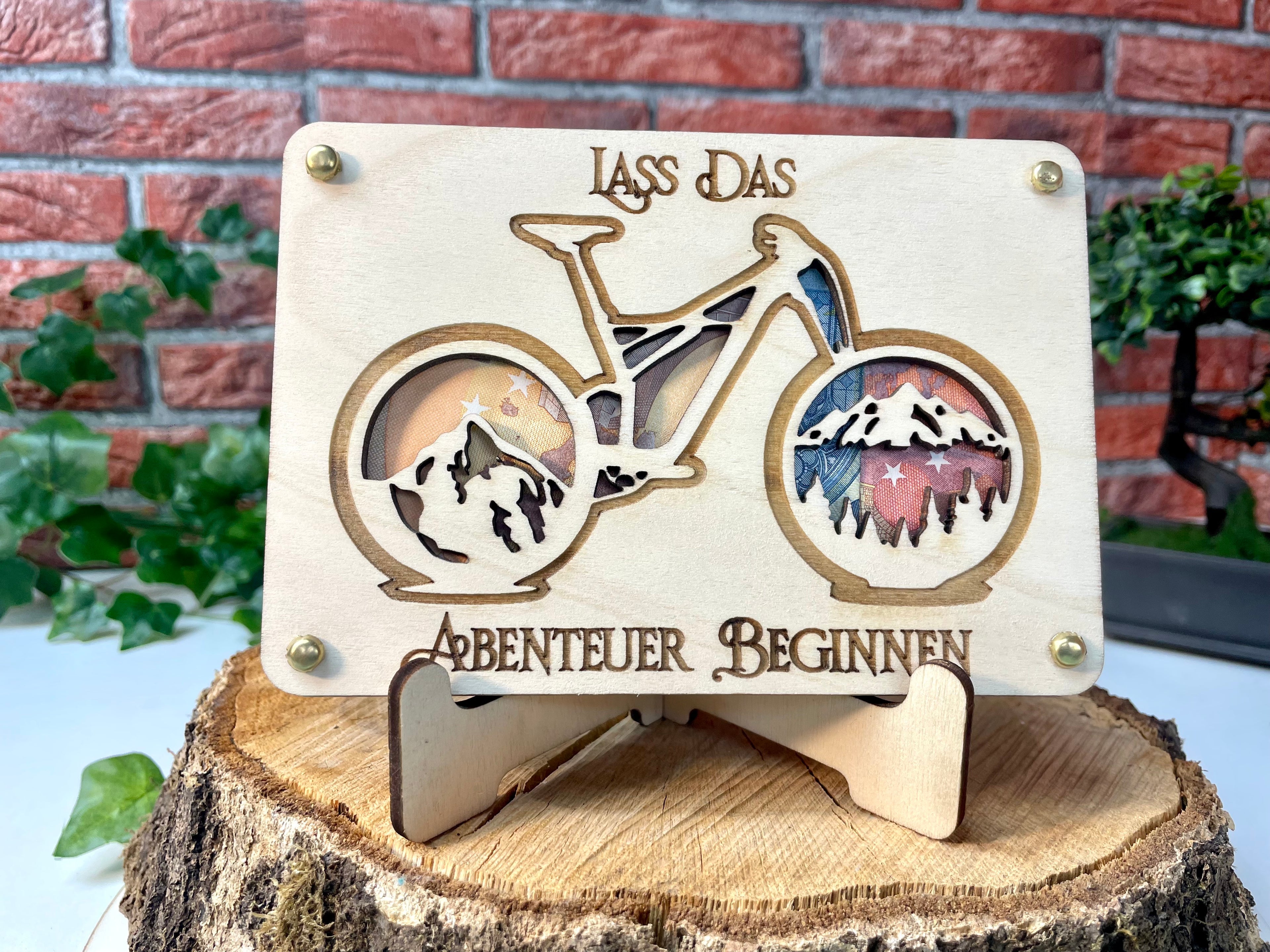 Geldgeschenk Fahrrad 'Lass Das Abenteuer Beginnen' Geschenkideen Holz Bilder Schilder Geburtstag Zur Erholung Bergliebe Outdoor Natur Wälder
