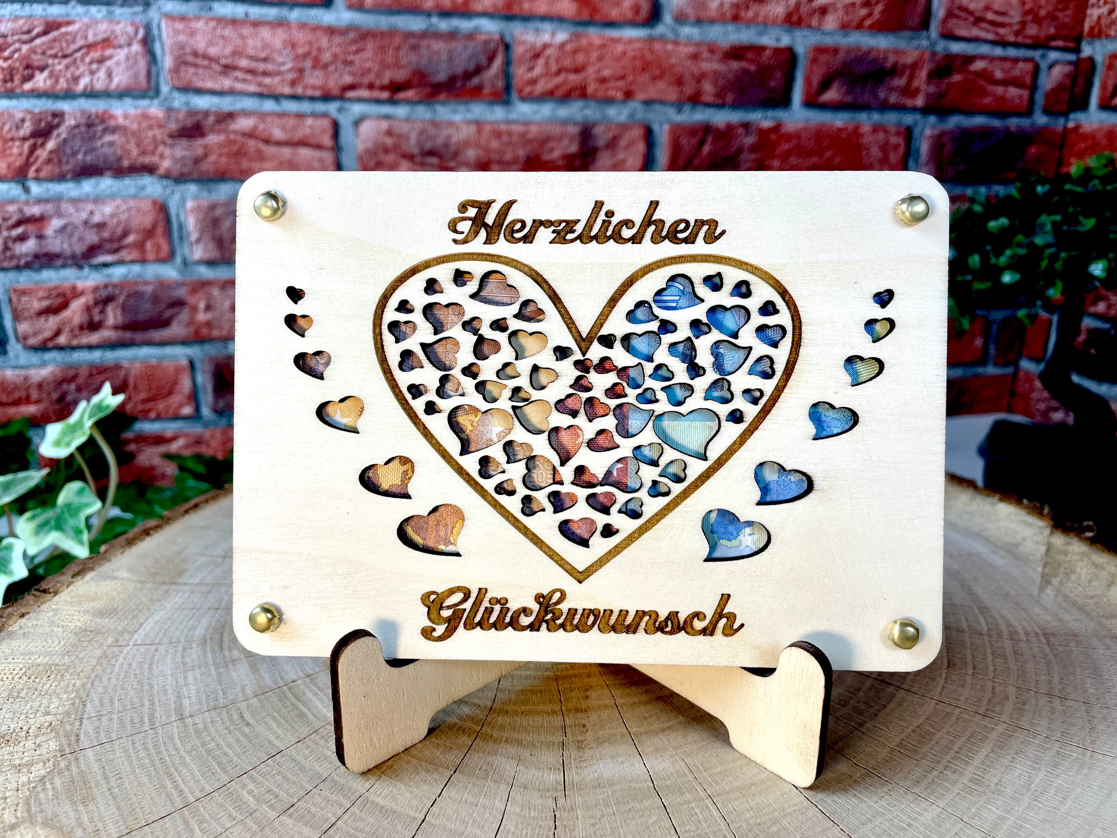 Geldgeschenk Glückwunsch 'Herzlichen Glückwunsch' Geschenkideen Holz Bilder Schilder Geburtstag Hochzeit Valentinstag Geburt Schulabschluss