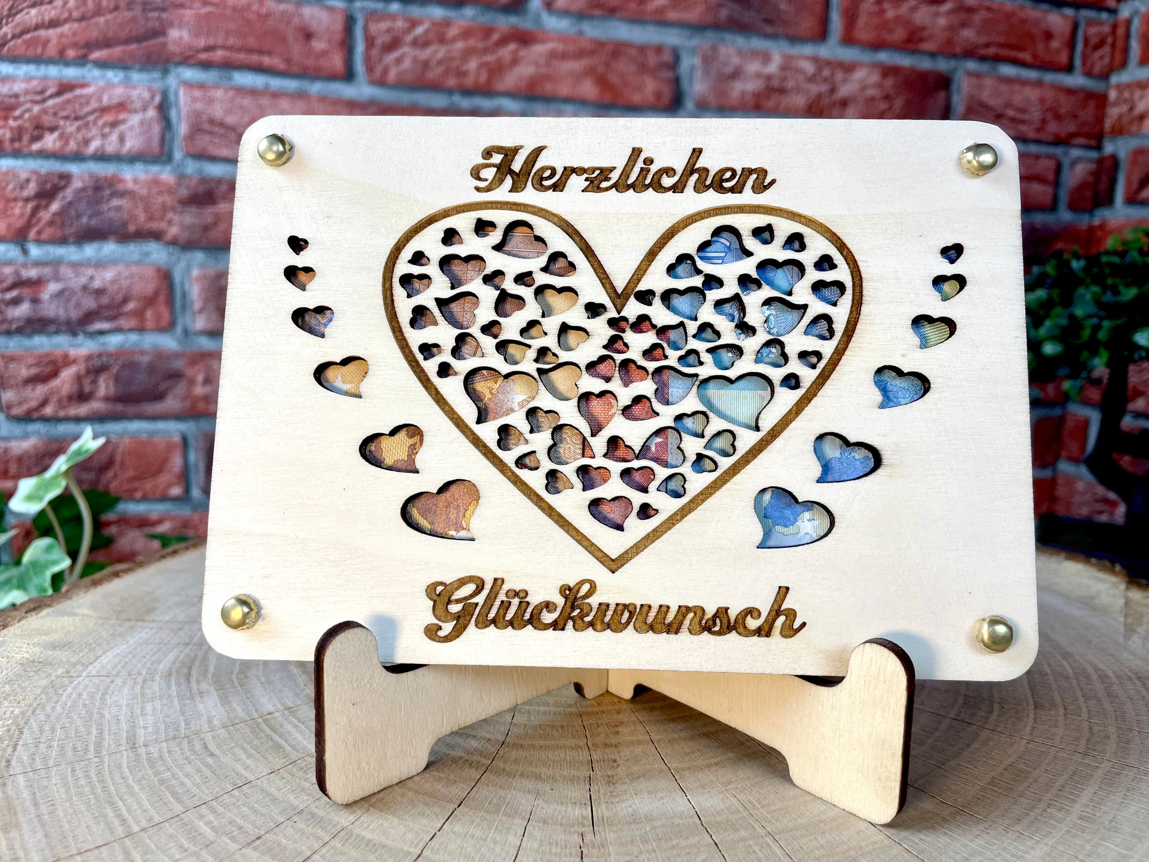 Geldgeschenk Glückwunsch 'Herzlichen Glückwunsch' Geschenkideen Holz Bilder Schilder Geburtstag Hochzeit Valentinstag Geburt Schulabschluss