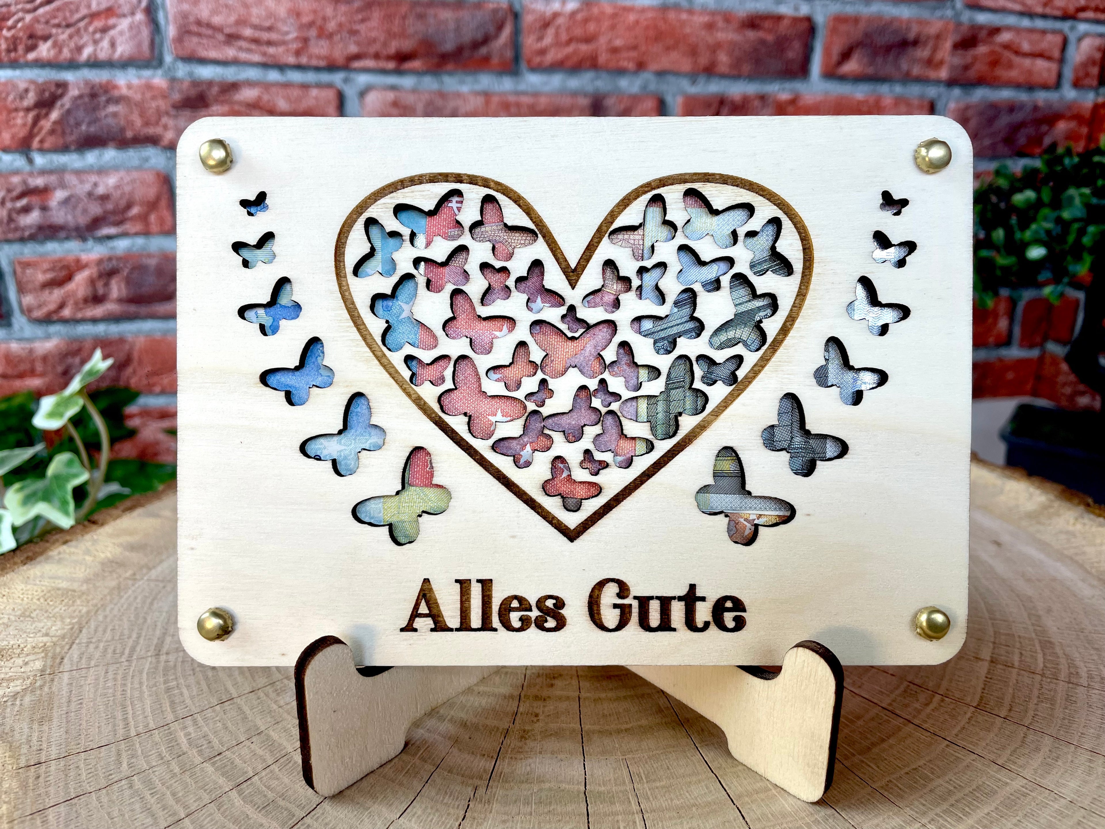 Geldgeschenk Herz 'Alles Gute' Geschenkideen Holz Bilder Schilder Geburtstag Hochzeit Valentinstag Geburt Schulabschluss