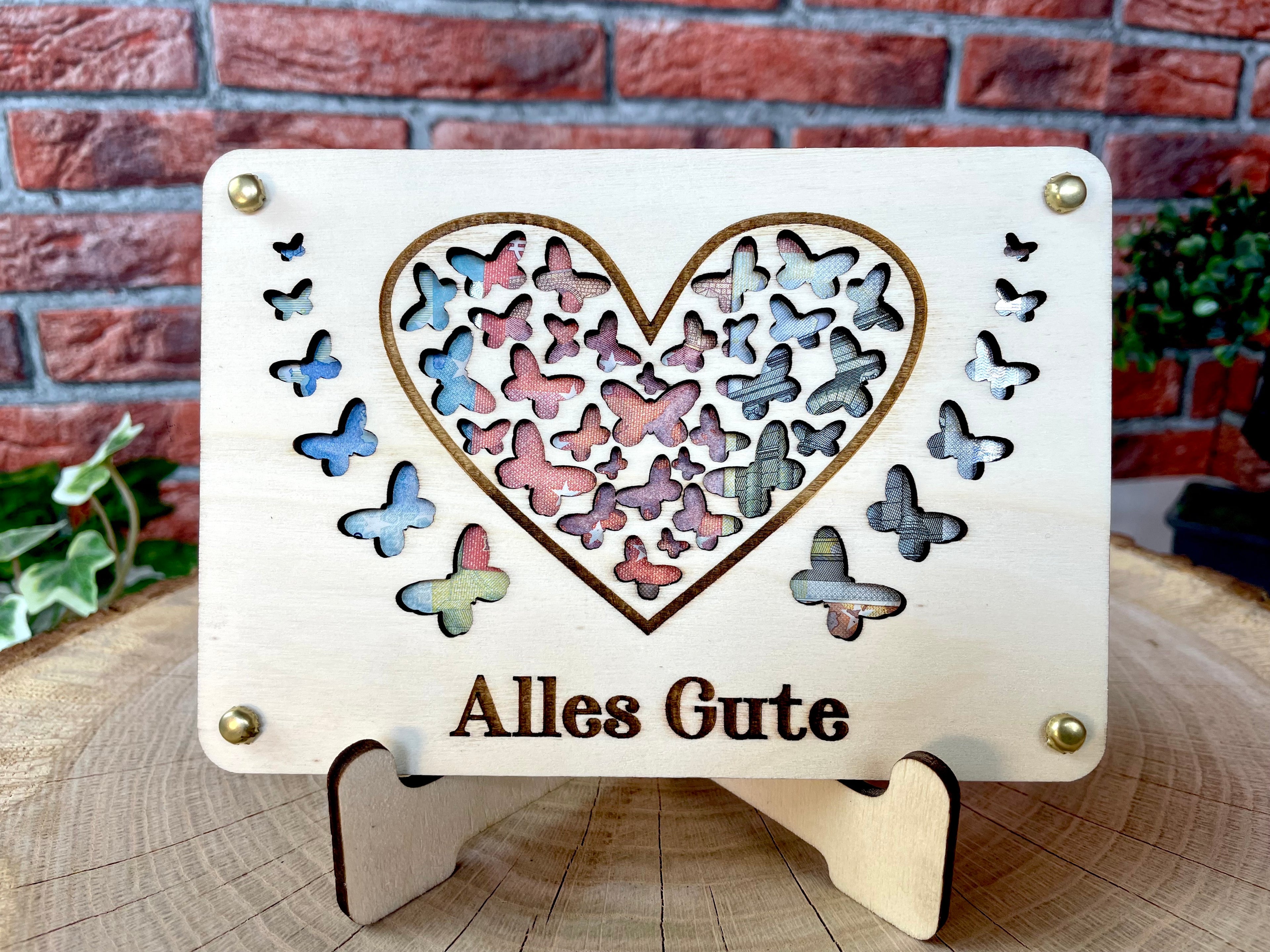 Geldgeschenk Herz 'Alles Gute' Geschenkideen Holz Bilder Schilder Geburtstag Hochzeit Valentinstag Geburt Schulabschluss