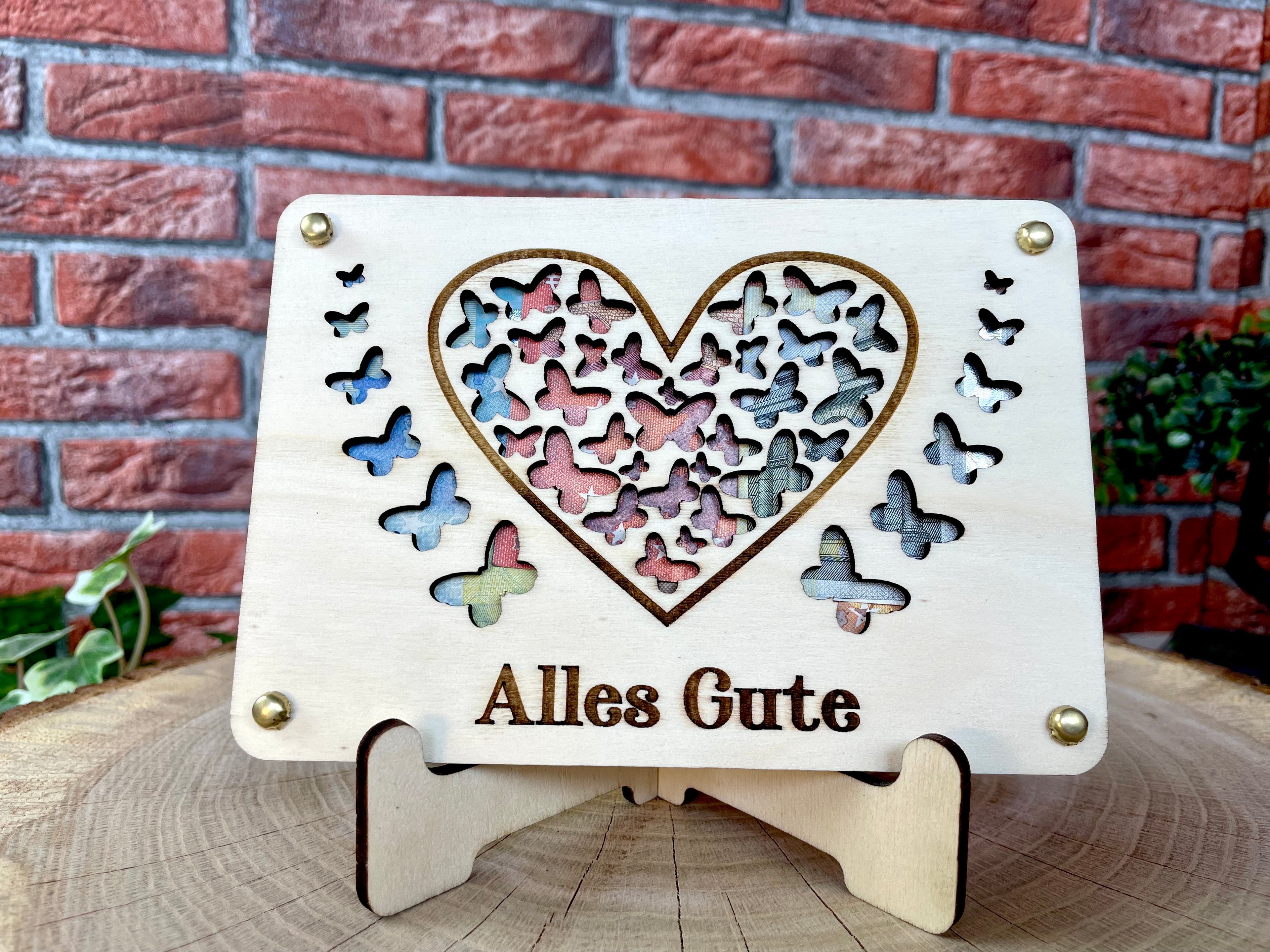 Geldgeschenk Herz 'Alles Gute' Geschenkideen Holz Bilder Schilder Geburtstag Hochzeit Valentinstag Geburt Schulabschluss
