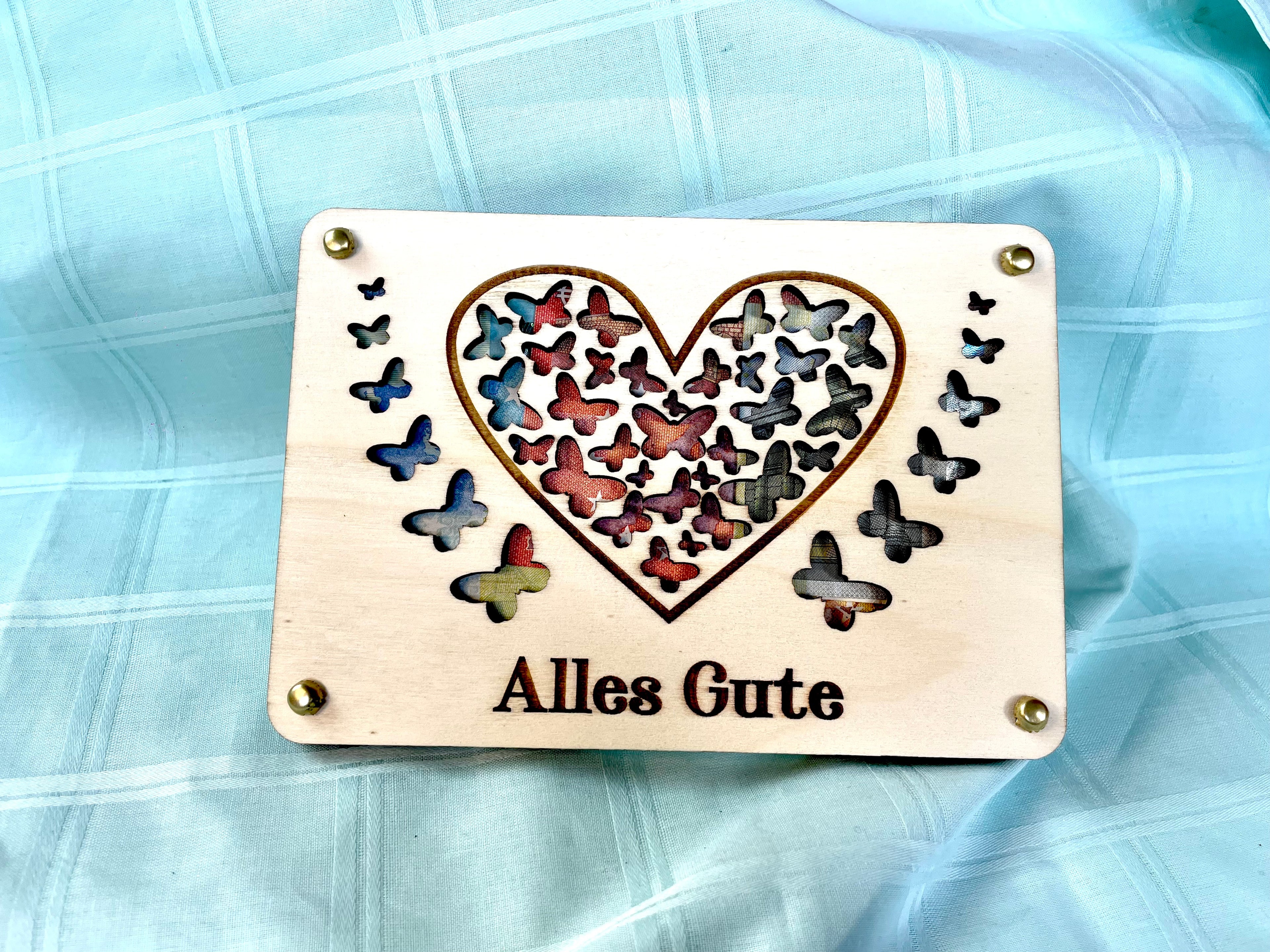 Geldgeschenk Herz 'Alles Gute' Geschenkideen Holz Bilder Schilder Geburtstag Hochzeit Valentinstag Geburt Schulabschluss