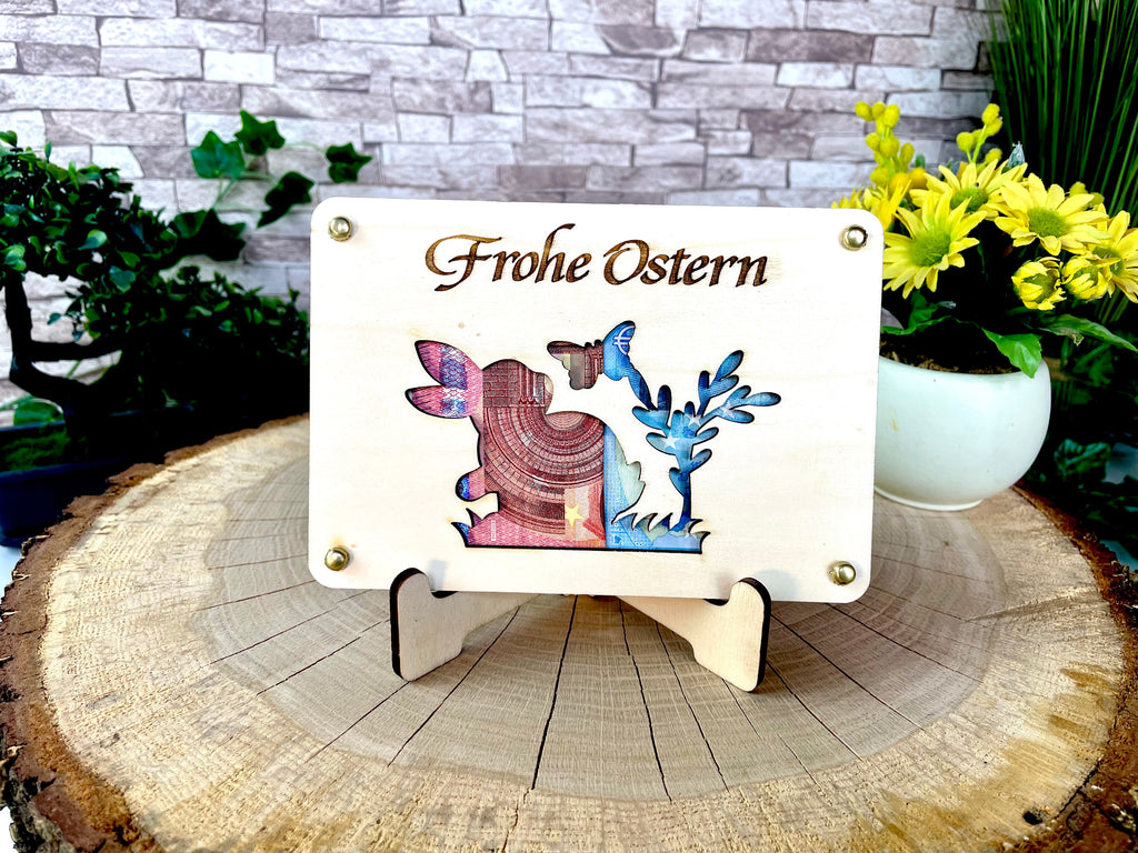 Geldgeschenk Ostern 'Frohe Ostern' Geschenkideen Holz Bilder Schilder Feiertage Frühling Osterhase Bunte Eier