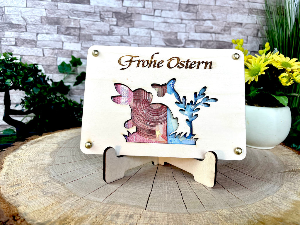 Geldgeschenk Ostern 'Frohe Ostern' Geschenkideen Holz Bilder Schilder Feiertage Frühling Osterhase Bunte Eier