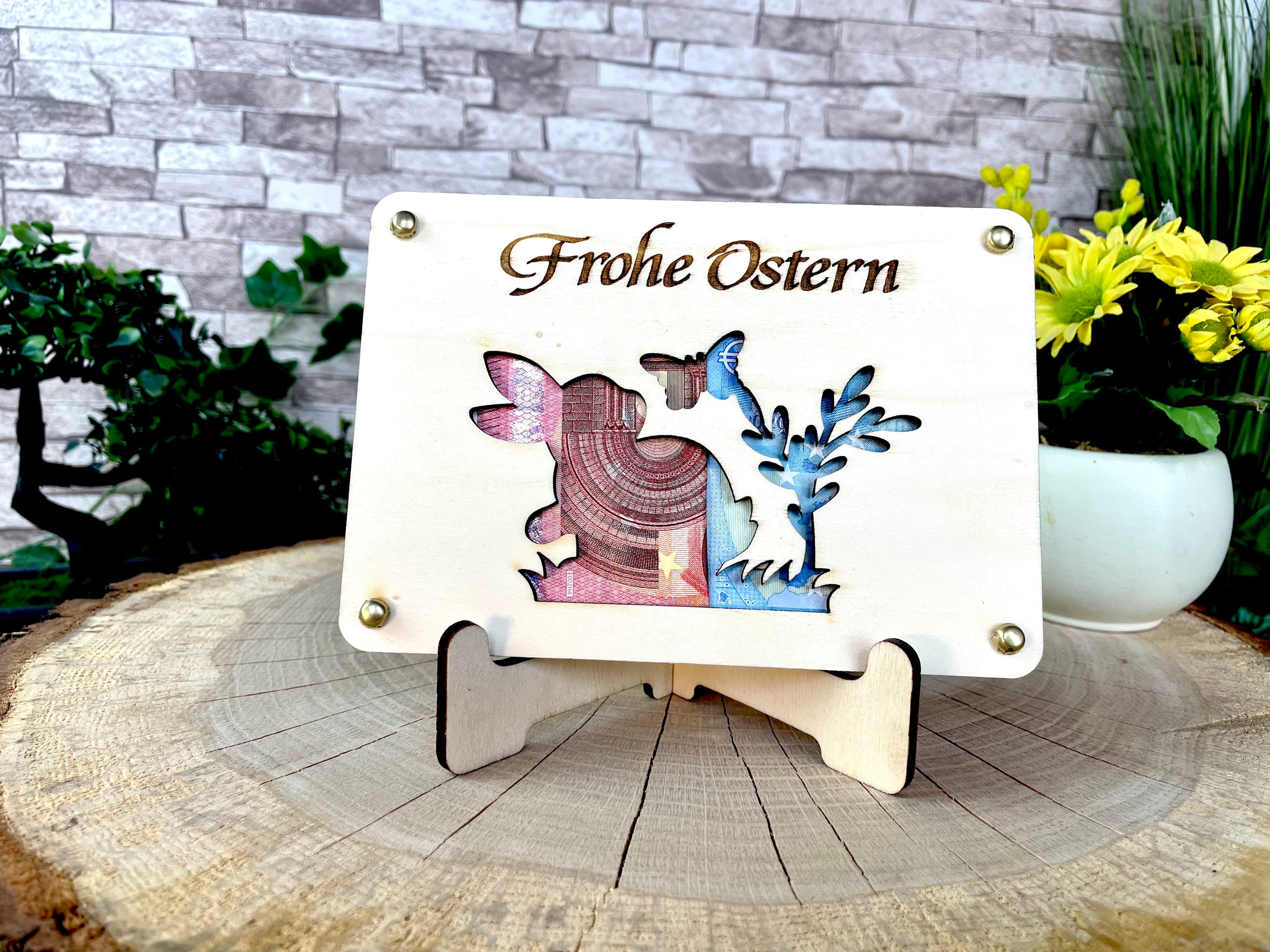 Geldgeschenk Ostern 'Frohe Ostern' Geschenkideen Holz Bilder Schilder Feiertage Frühling Osterhase Bunte Eier