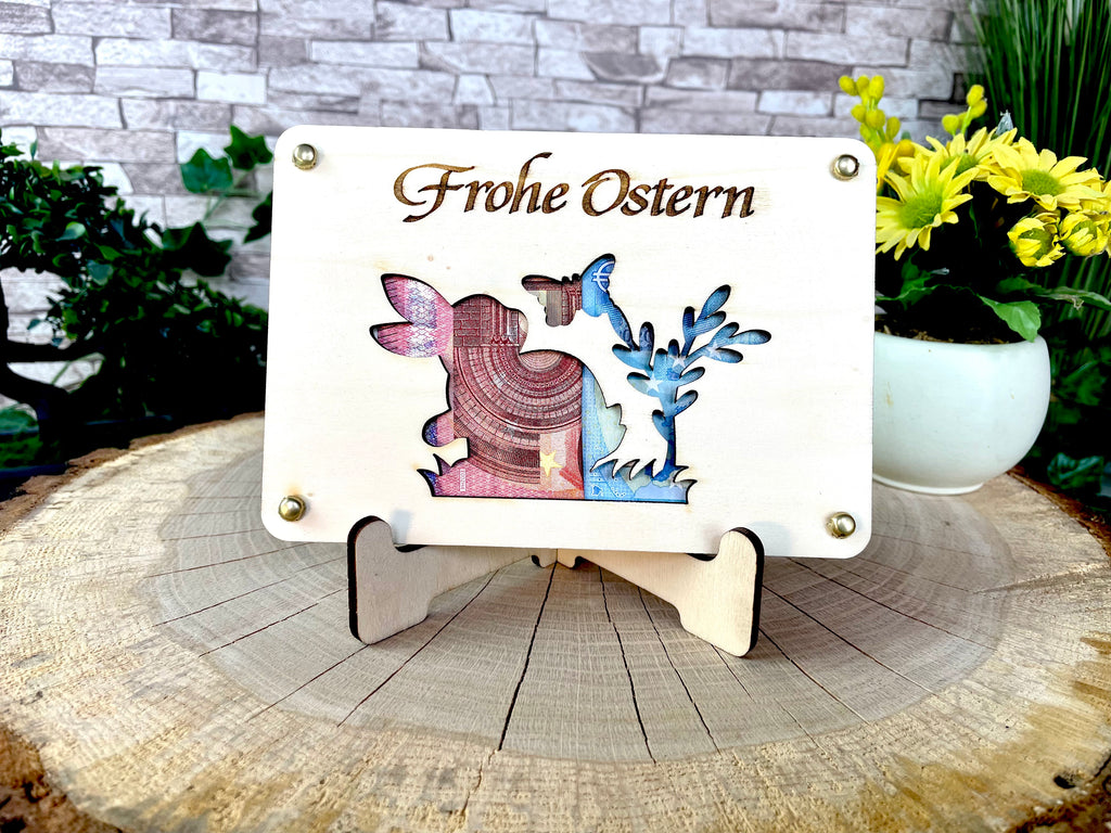 Geldgeschenk Ostern 'Frohe Ostern' Geschenkideen Holz Bilder Schilder Feiertage Frühling Osterhase Bunte Eier