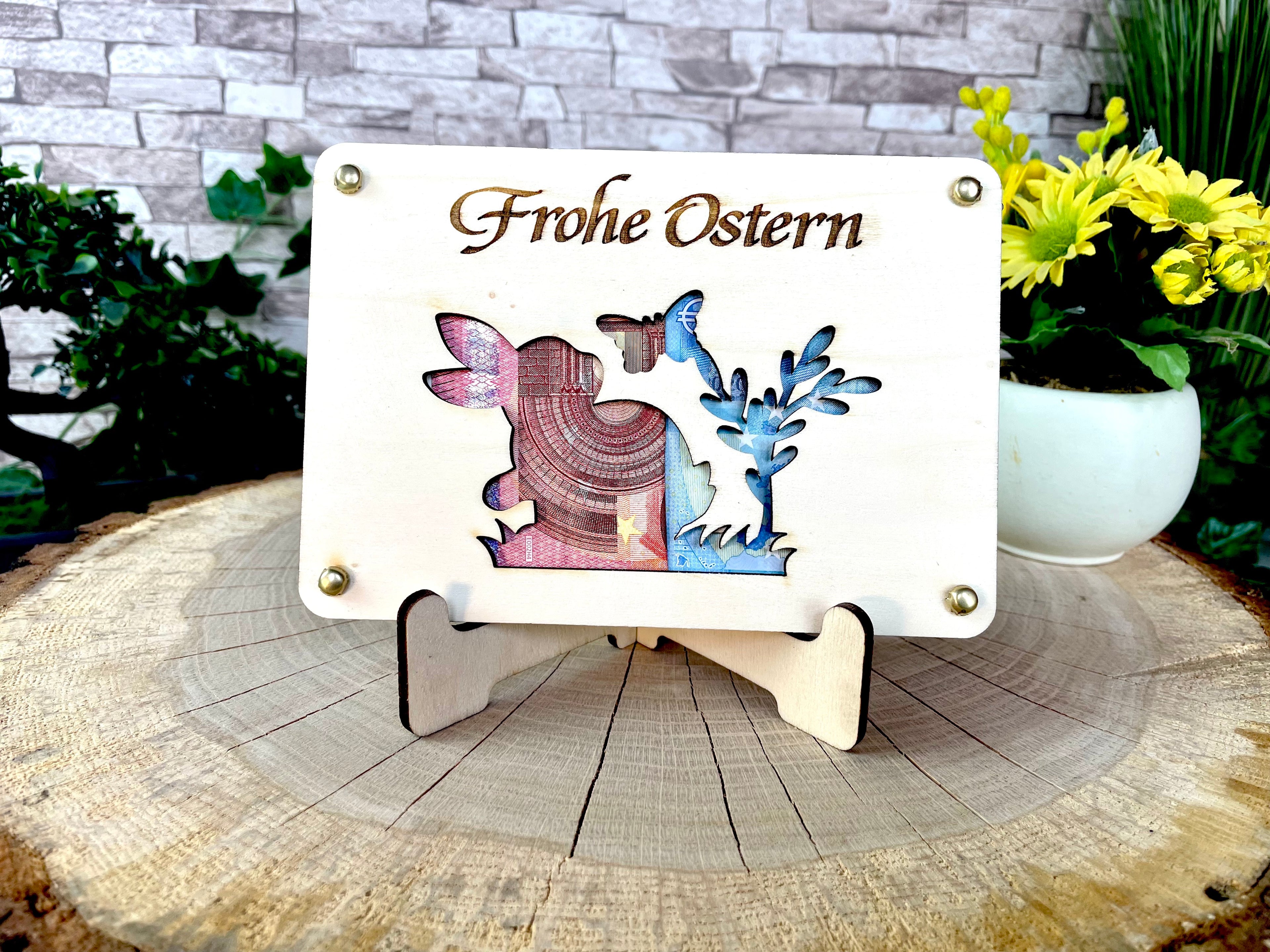 Geldgeschenk Ostern 'Frohe Ostern' Geschenkideen Holz Bilder Schilder Feiertage Frühling Osterhase Bunte Eier