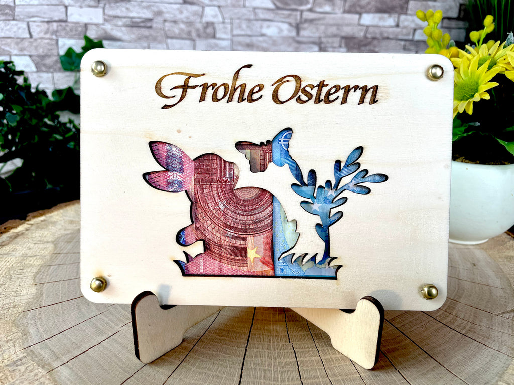 Geldgeschenk Ostern 'Frohe Ostern' Geschenkideen Holz Bilder Schilder Feiertage Frühling Osterhase Bunte Eier
