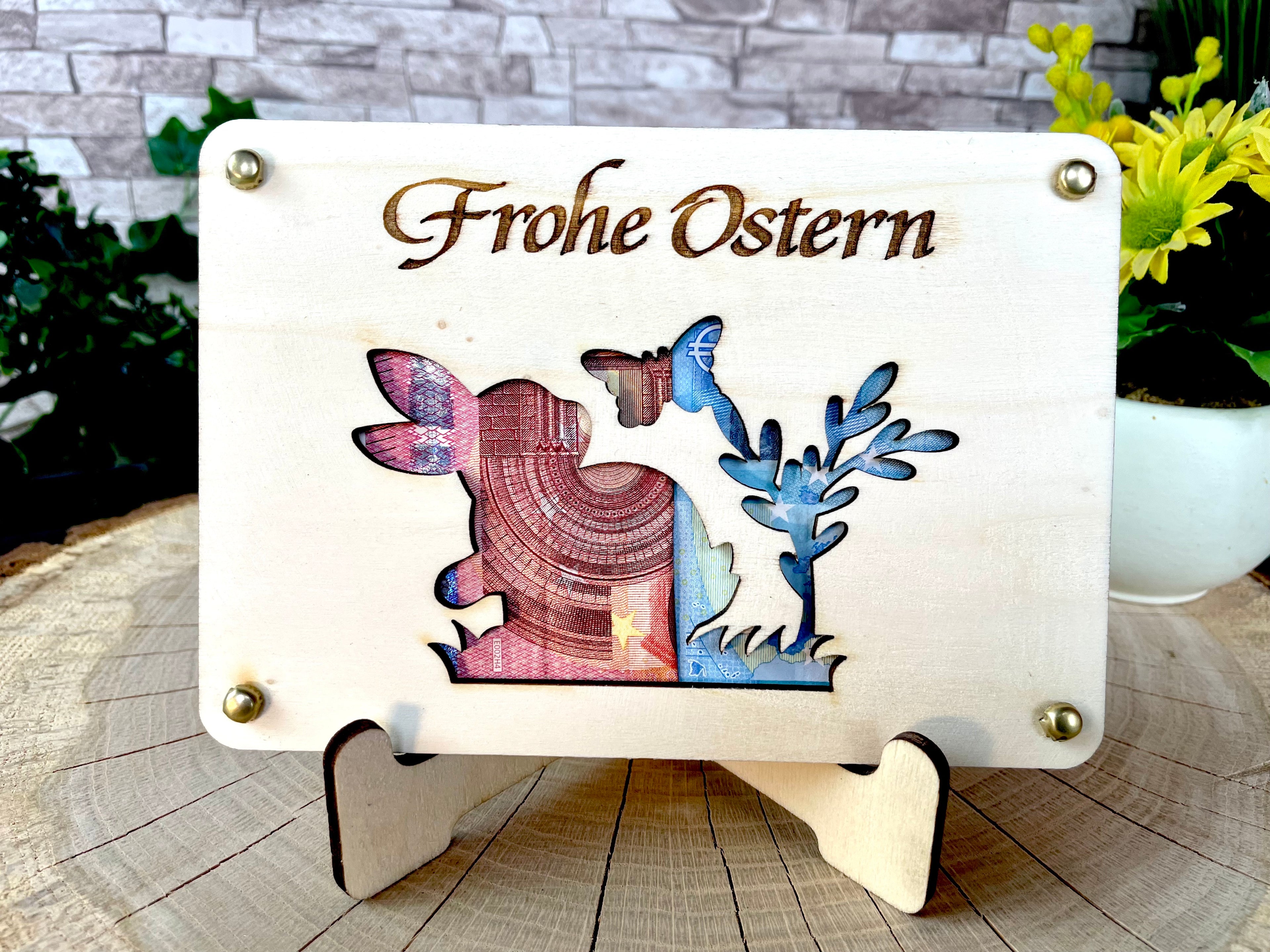 Geldgeschenk Ostern 'Frohe Ostern' Geschenkideen Holz Bilder Schilder Feiertage Frühling Osterhase Bunte Eier