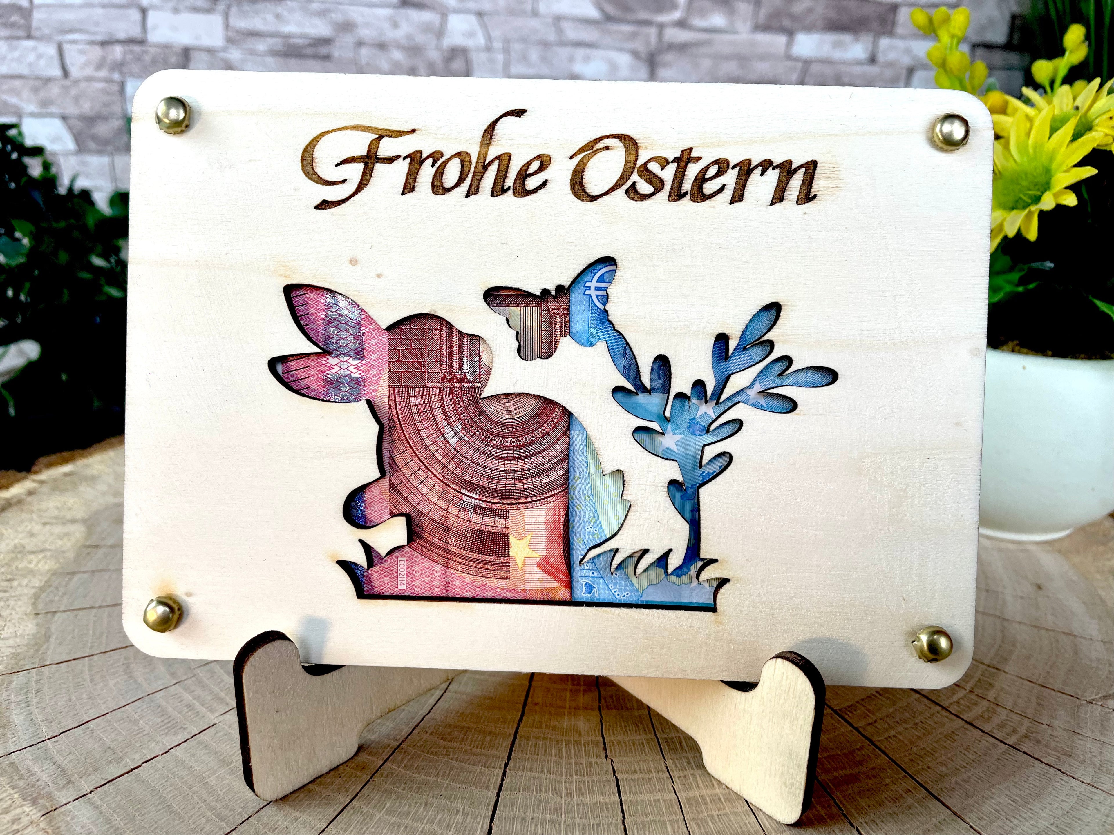 Geldgeschenk Ostern 'Frohe Ostern' Geschenkideen Holz Bilder Schilder Feiertage Frühling Osterhase Bunte Eier