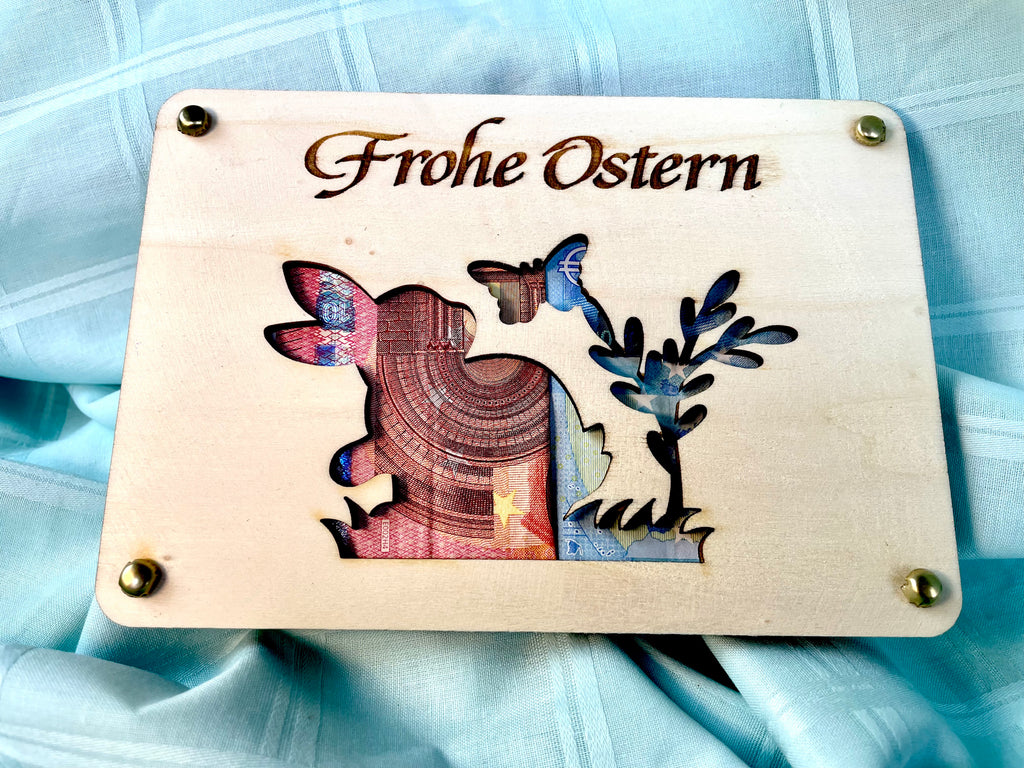 Geldgeschenk Ostern 'Frohe Ostern' Geschenkideen Holz Bilder Schilder Feiertage Frühling Osterhase Bunte Eier