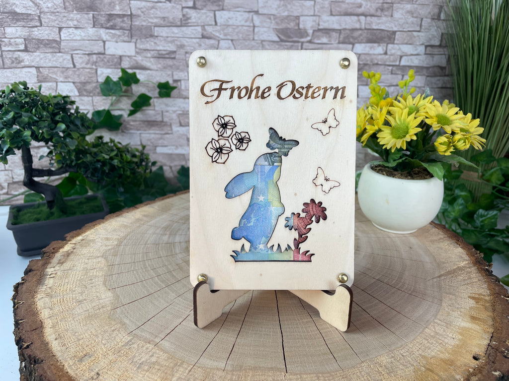 Geldgeschenk Ostern 'Frohe Ostern' Geschenkideen Holz Bilder Schilder Feiertage Frühling Osterhase Bunte Eier