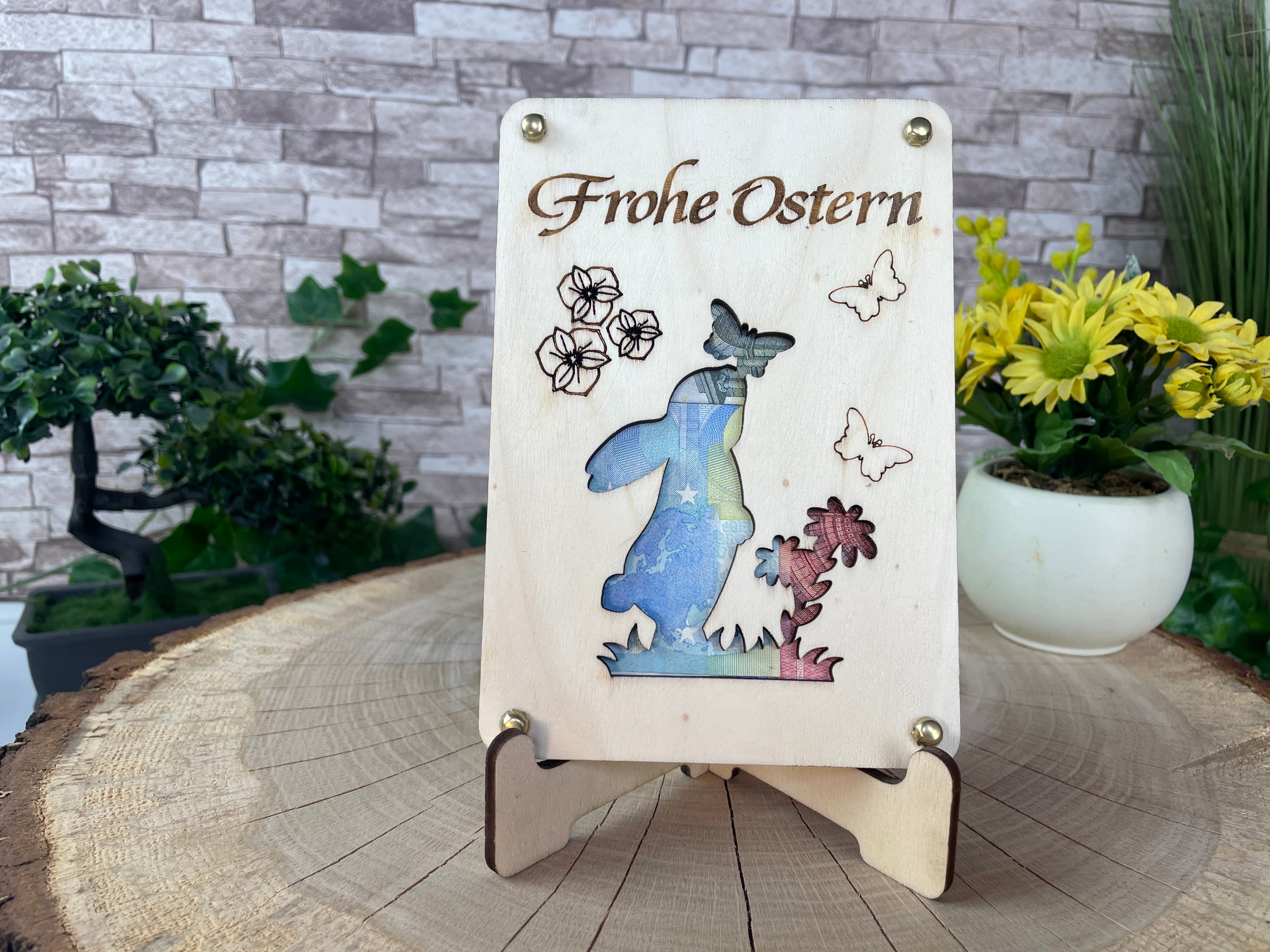 Geldgeschenk Ostern 'Frohe Ostern' Geschenkideen Holz Bilder Schilder Feiertage Frühling Osterhase Bunte Eier