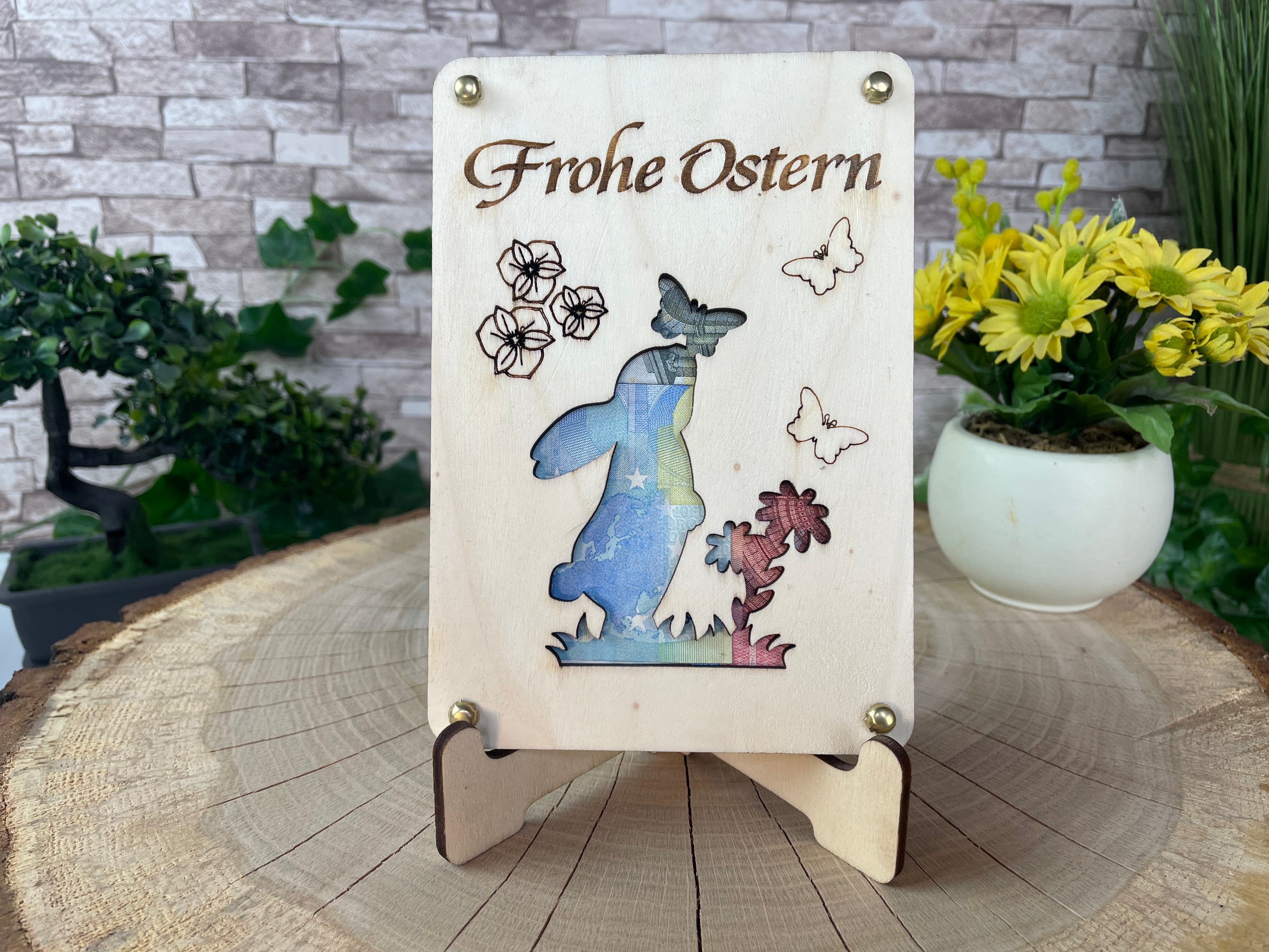 Geldgeschenk Ostern 'Frohe Ostern' Geschenkideen Holz Bilder Schilder Feiertage Frühling Osterhase Bunte Eier