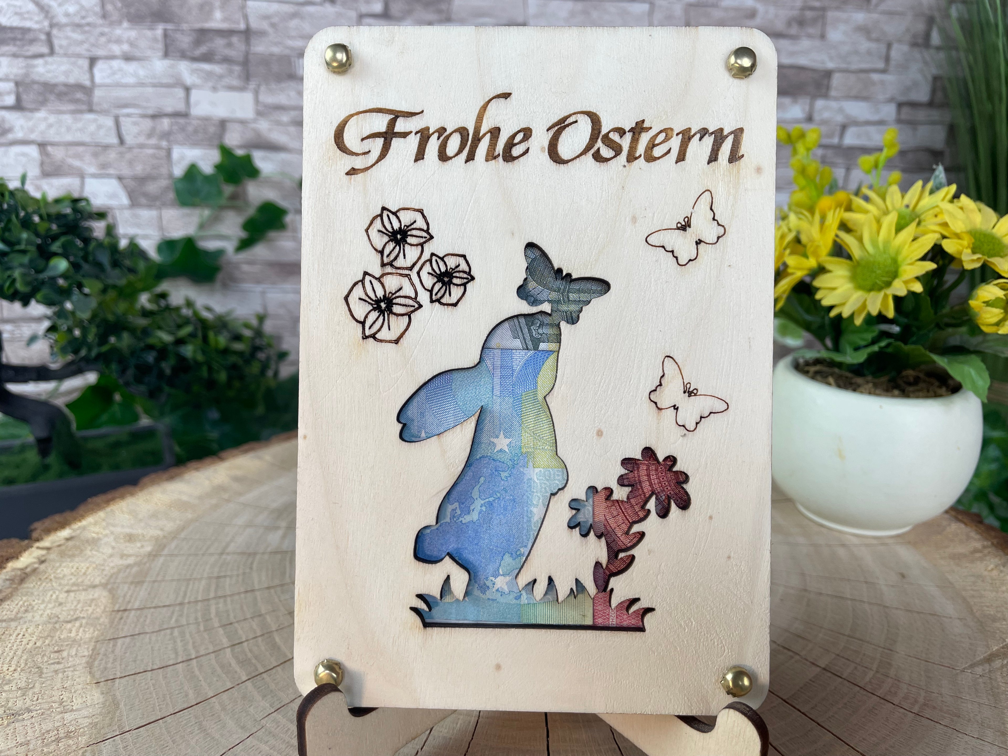 Geldgeschenk Ostern 'Frohe Ostern' Geschenkideen Holz Bilder Schilder Feiertage Frühling Osterhase Bunte Eier