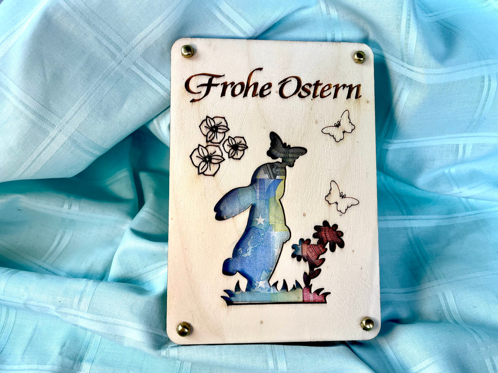 Geldgeschenk Ostern 'Frohe Ostern' Geschenkideen Holz Bilder Schilder Feiertage Frühling Osterhase Bunte Eier