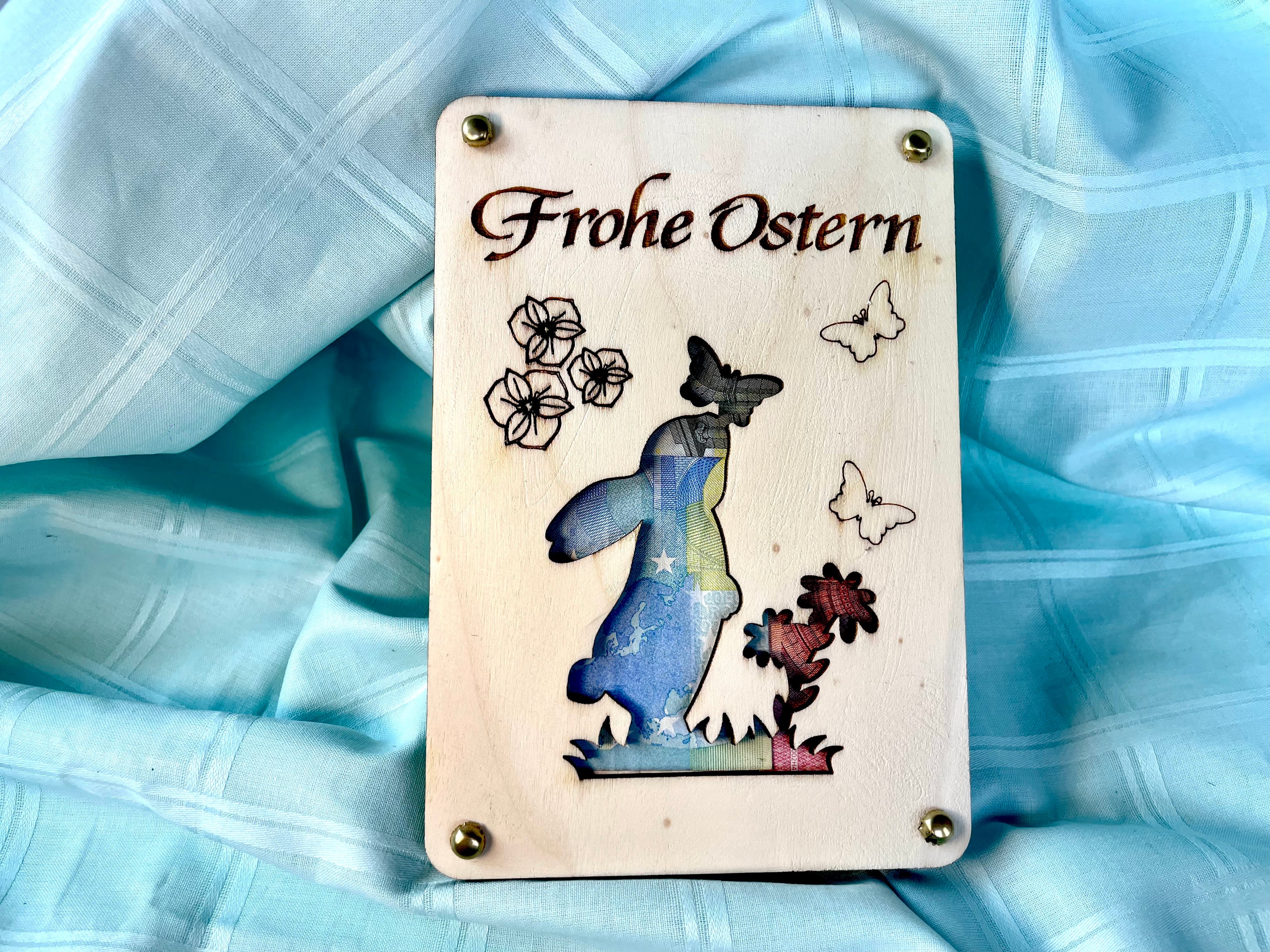 Geldgeschenk Ostern 'Frohe Ostern' Geschenkideen Holz Bilder Schilder Feiertage Frühling Osterhase Bunte Eier