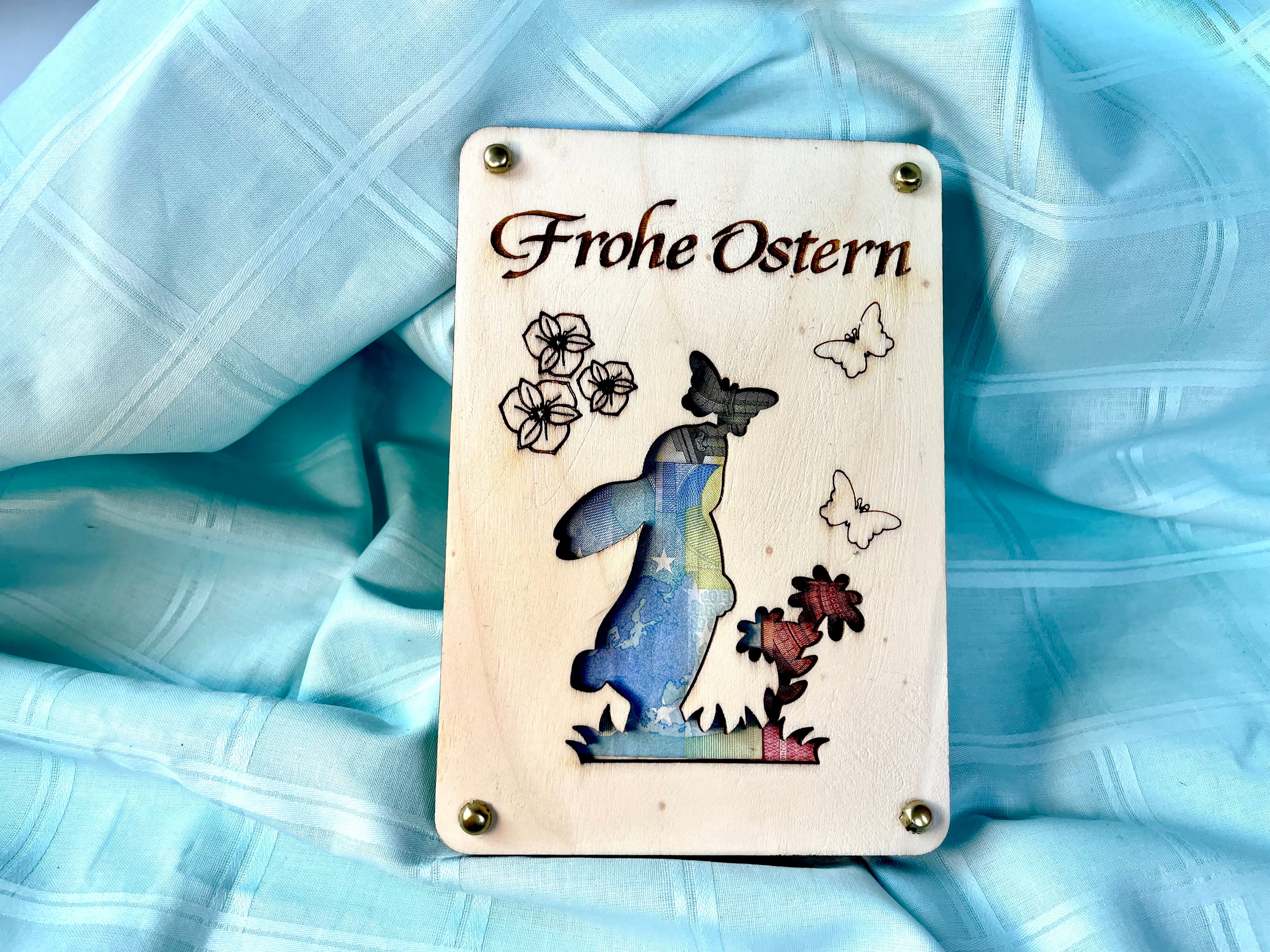 Geldgeschenk Ostern 'Frohe Ostern' Geschenkideen Holz Bilder Schilder Feiertage Frühling Osterhase Bunte Eier
