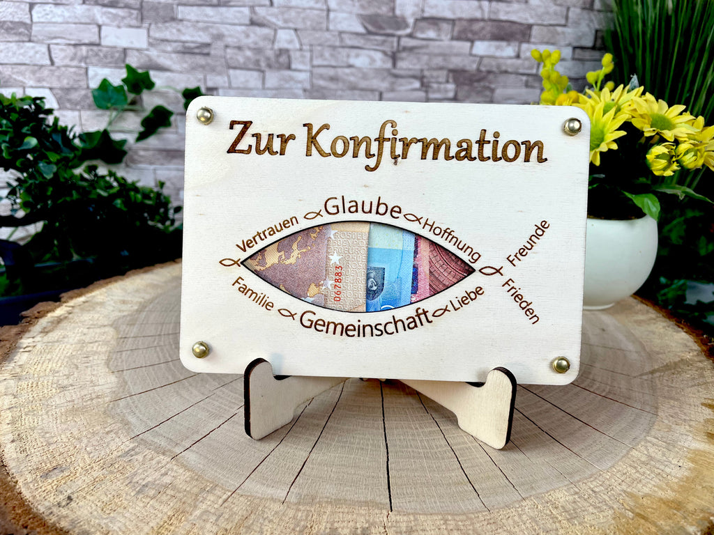 Geldgeschenk "Zur Konfirmation" Geschenkideen Holz Bilder Schilder Kommunion Jugendweihe Geldkarte Geld verpacken Verschenken