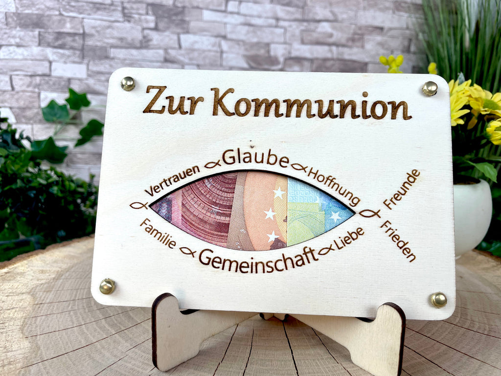 Geldgeschenk "Zur Kommunion" Geschenkideen Holz Bilder Schilder Konfirmation Jugendweihe Geldkarte Geld verpacken Verschenken