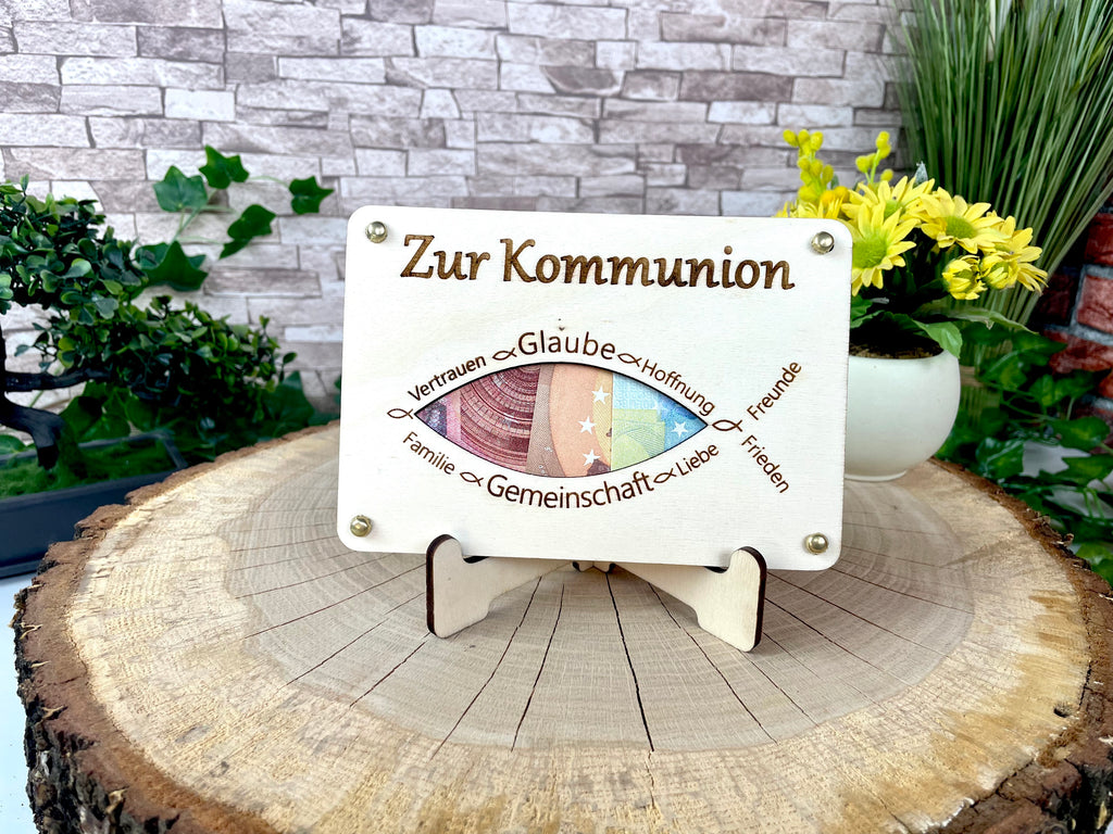 Geldgeschenk "Zur Kommunion" Geschenkideen Holz Bilder Schilder Konfirmation Jugendweihe Geldkarte Geld verpacken Verschenken