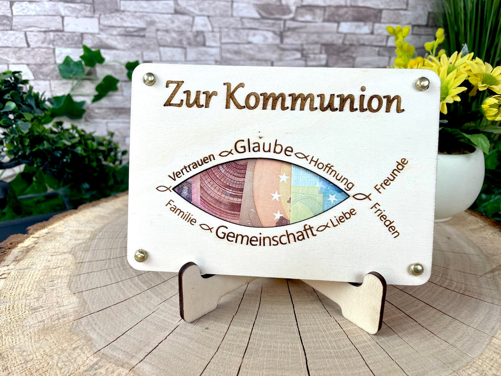 Geldgeschenk "Zur Kommunion" Geschenkideen Holz Bilder Schilder Konfirmation Jugendweihe Geldkarte Geld verpacken Verschenken