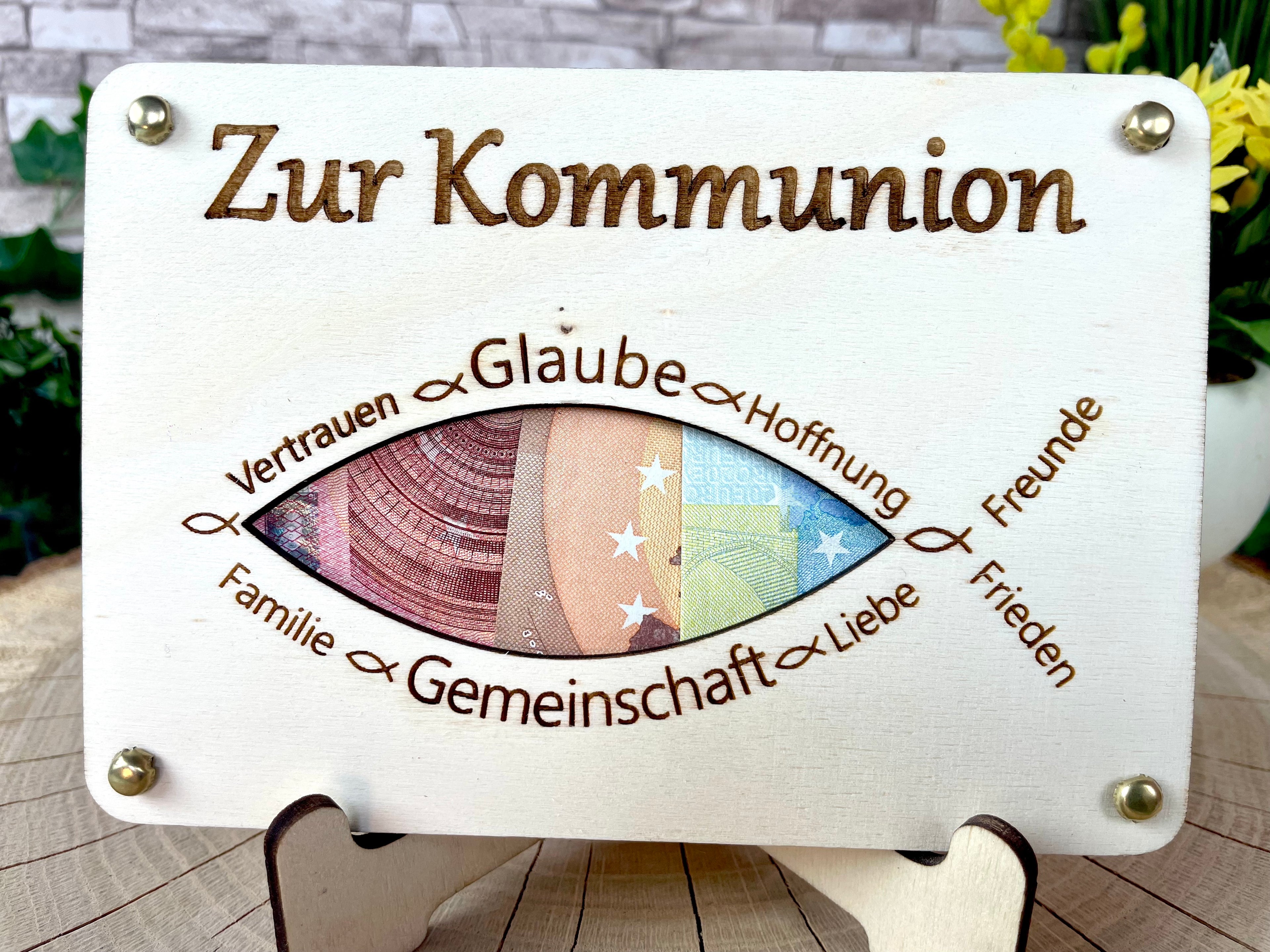 Geldgeschenk "Zur Kommunion" Geschenkideen Holz Bilder Schilder Konfirmation Jugendweihe Geldkarte Geld verpacken Verschenken