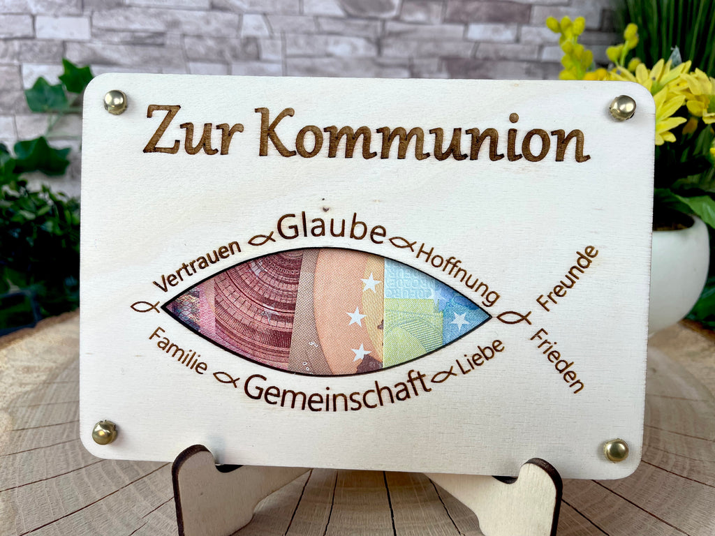 Geldgeschenk "Zur Kommunion" Geschenkideen Holz Bilder Schilder Konfirmation Jugendweihe Geldkarte Geld verpacken Verschenken