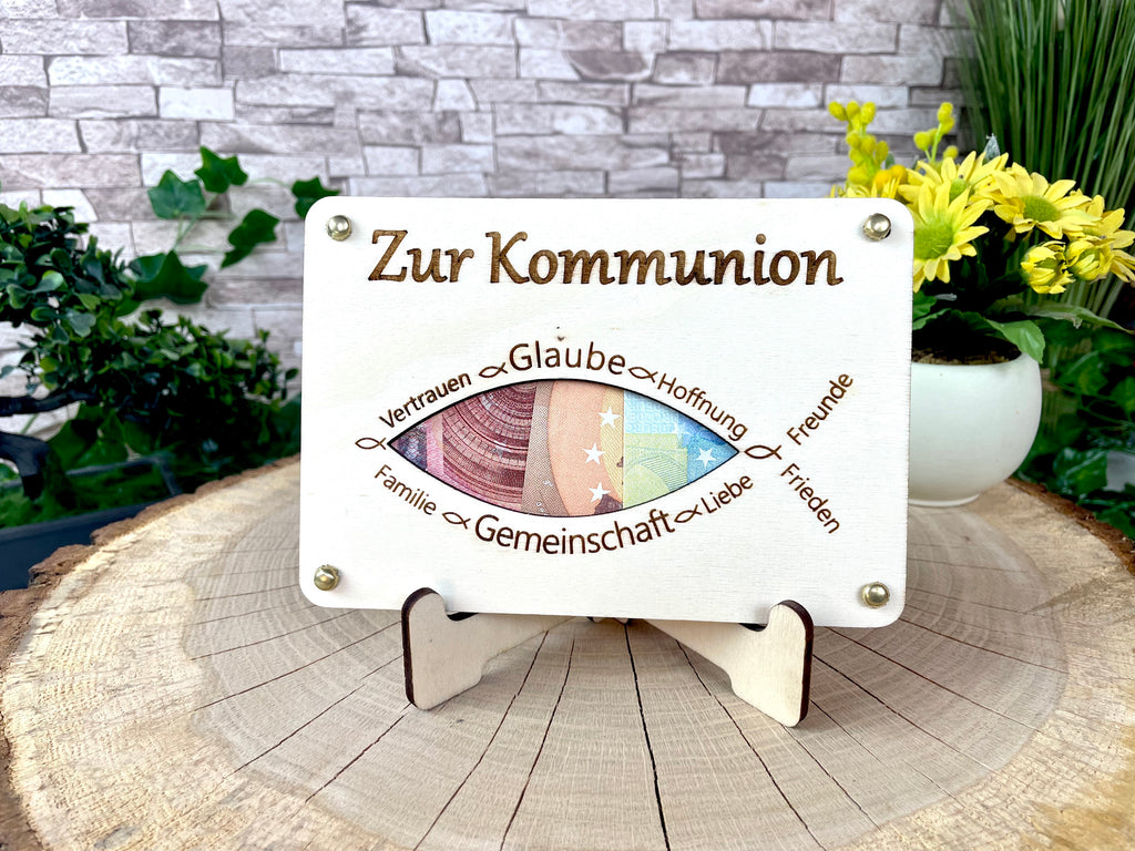 Geldgeschenk "Zur Kommunion" Geschenkideen Holz Bilder Schilder Konfirmation Jugendweihe Geldkarte Geld verpacken Verschenken