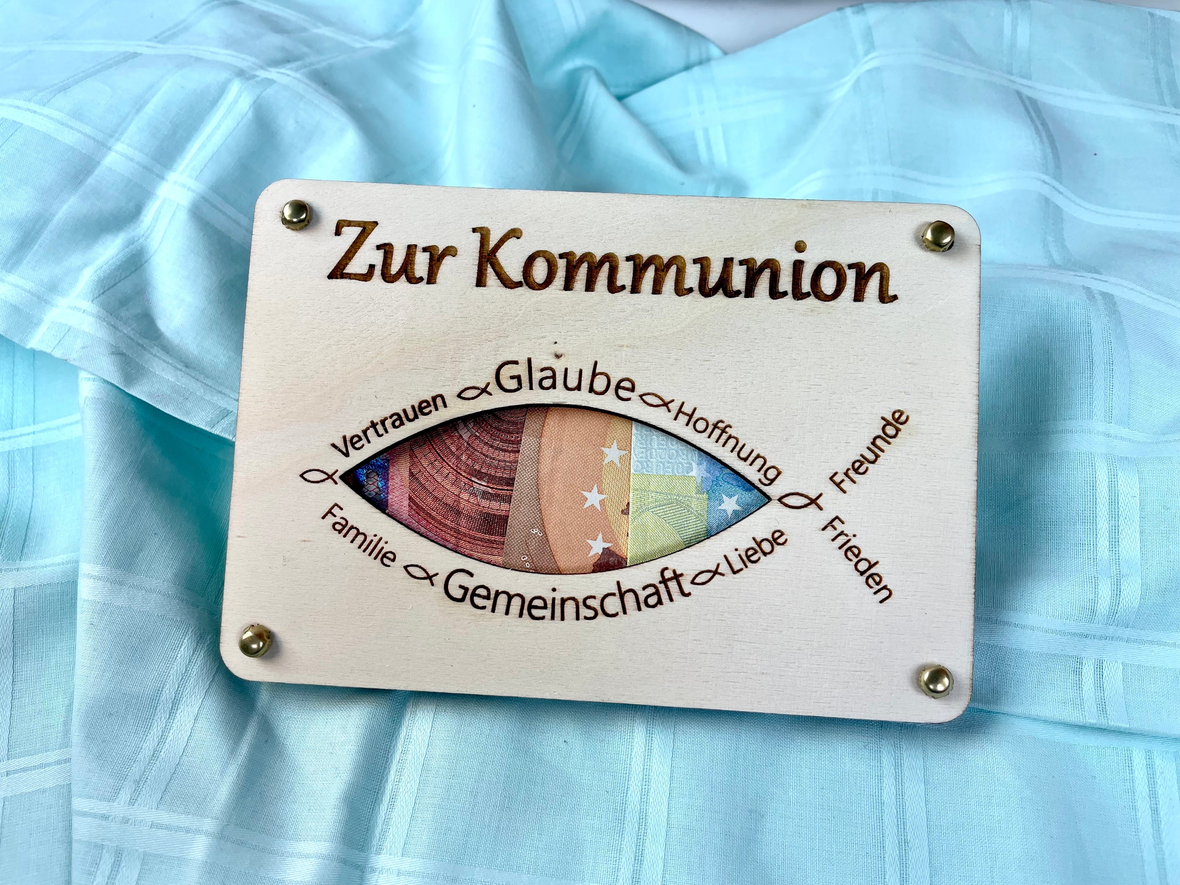 Geldgeschenk "Zur Kommunion" Geschenkideen Holz Bilder Schilder Konfirmation Jugendweihe Geldkarte Geld verpacken Verschenken