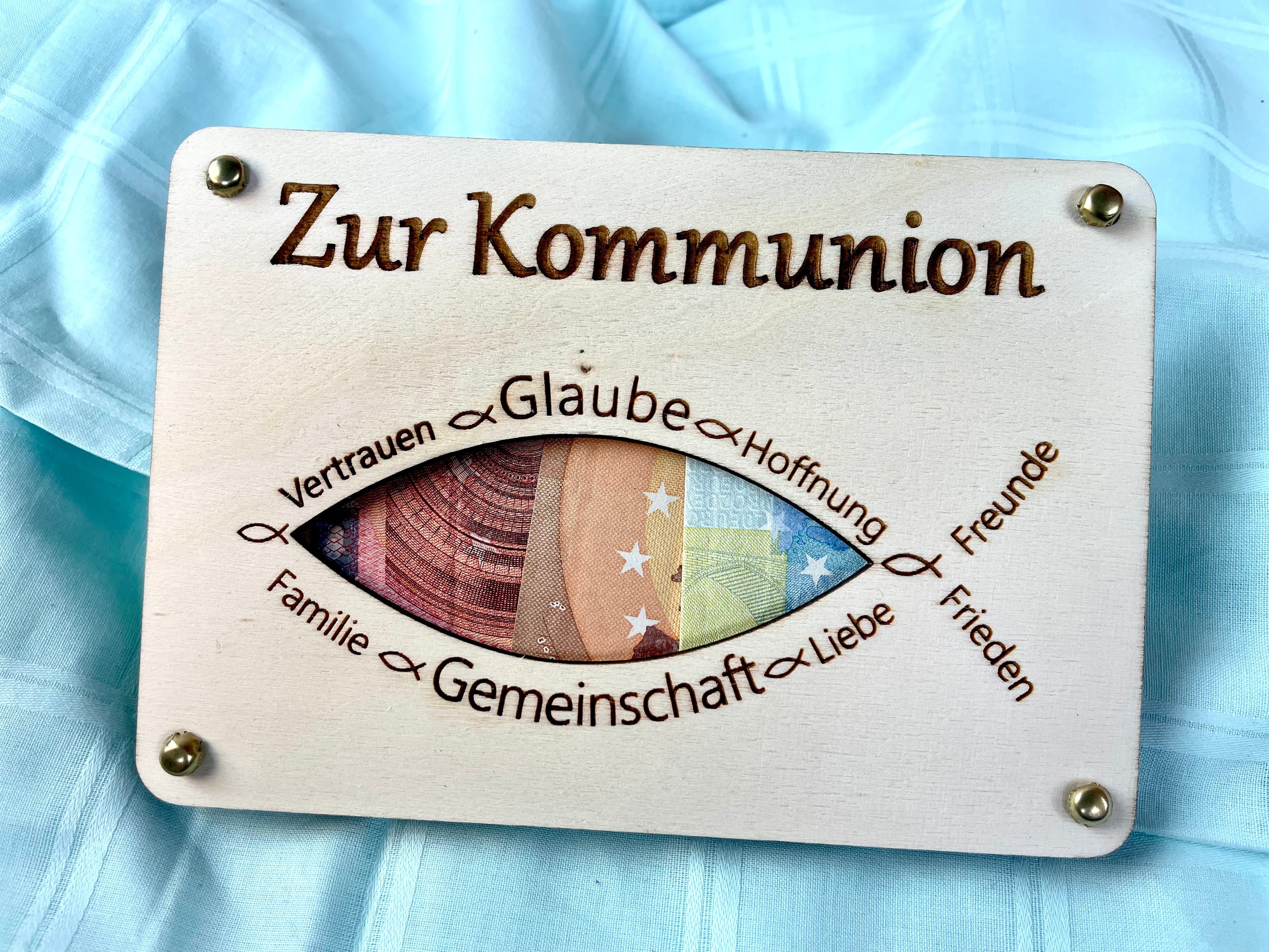 Geldgeschenk "Zur Kommunion" Geschenkideen Holz Bilder Schilder Konfirmation Jugendweihe Geldkarte Geld verpacken Verschenken