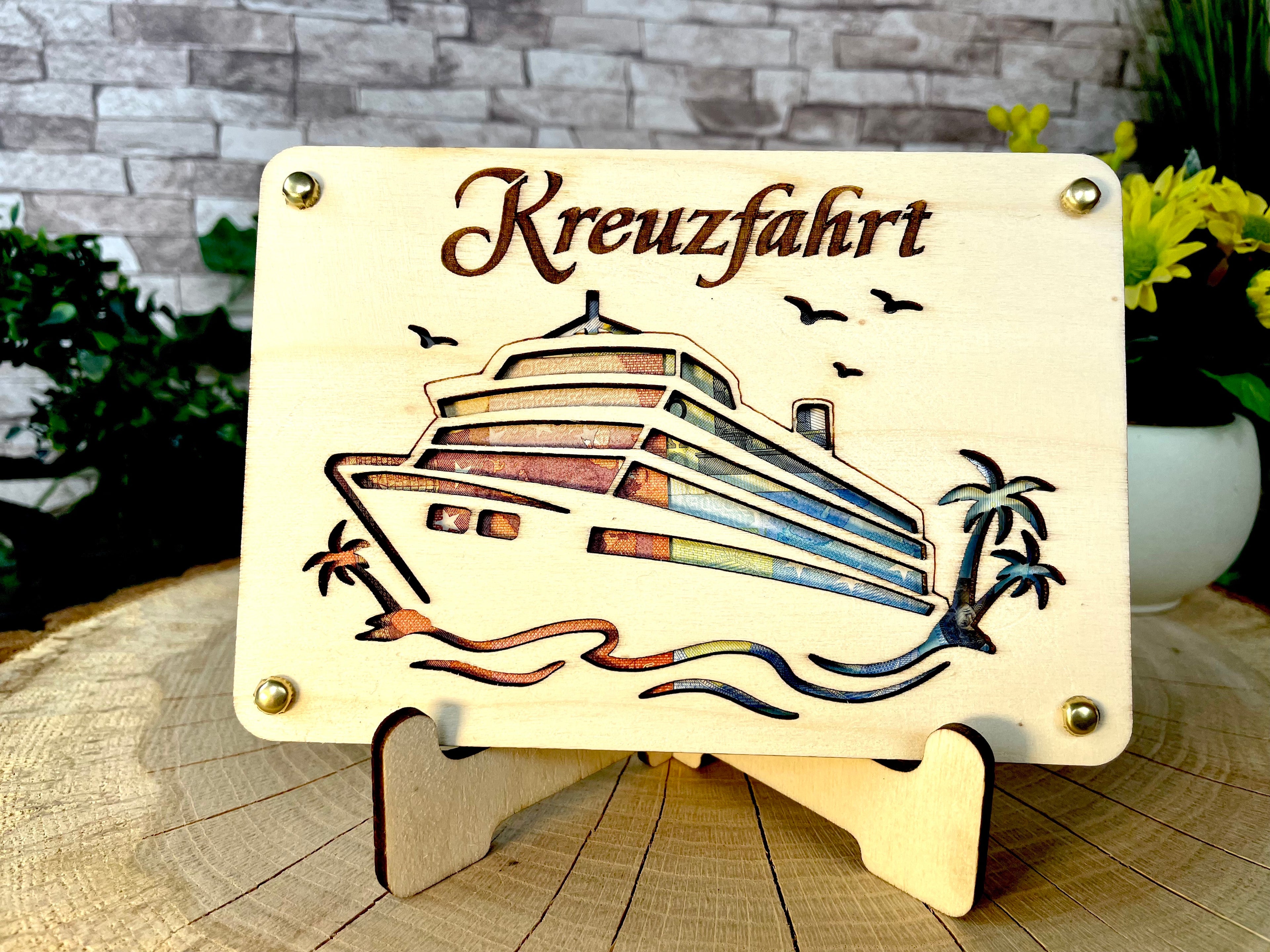 Geldgeschenk Schiff 'Kreuzfahrt' Geschenkideen Holz Bilder Schilder Geburtstag Hochzeitstag Schulabschluss Urlaub Abenteuer