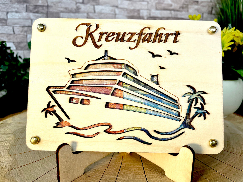 Geldgeschenk Schiff 'Kreuzfahrt' Geschenkideen Holz Bilder Schilder Geburtstag Hochzeitstag Schulabschluss Urlaub Abenteuer