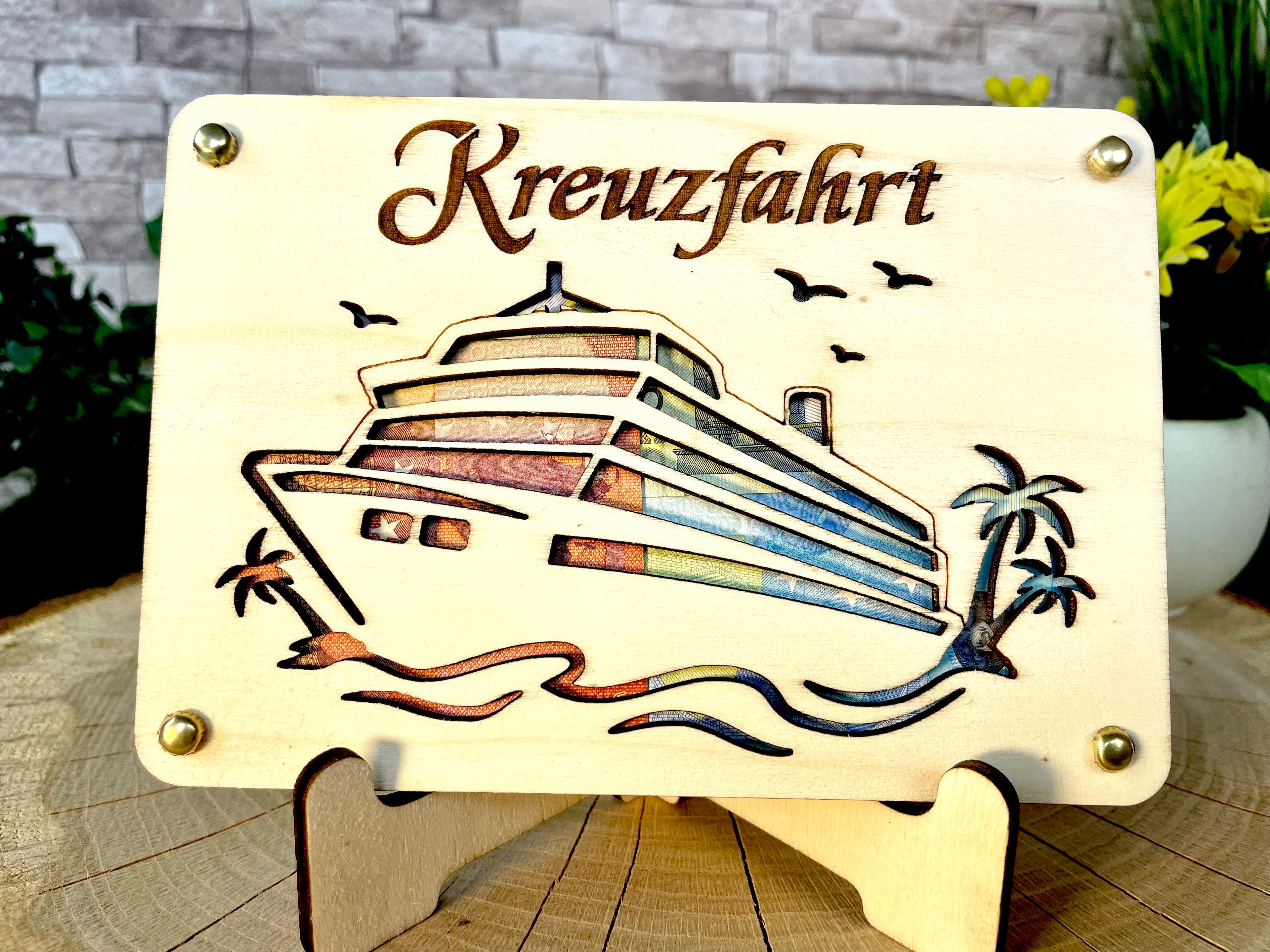 Geldgeschenk Schiff 'Kreuzfahrt' Geschenkideen Holz Bilder Schilder Geburtstag Hochzeitstag Schulabschluss Urlaub Abenteuer