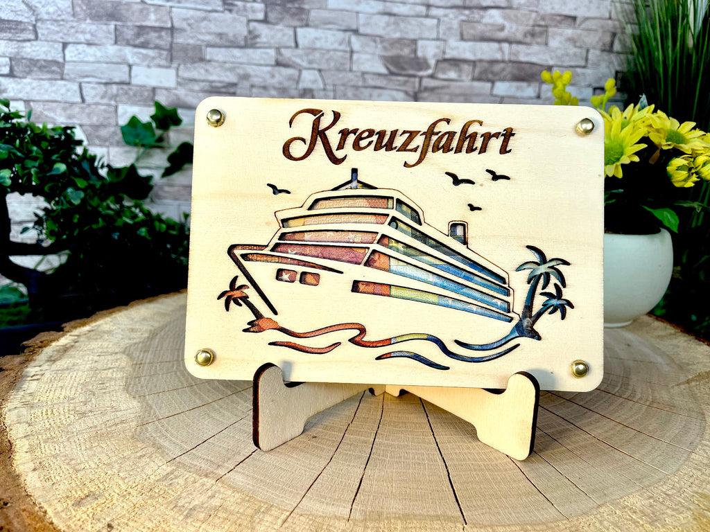 Geldgeschenk Schiff 'Kreuzfahrt' Geschenkideen Holz Bilder Schilder Geburtstag Hochzeitstag Schulabschluss Urlaub Abenteuer