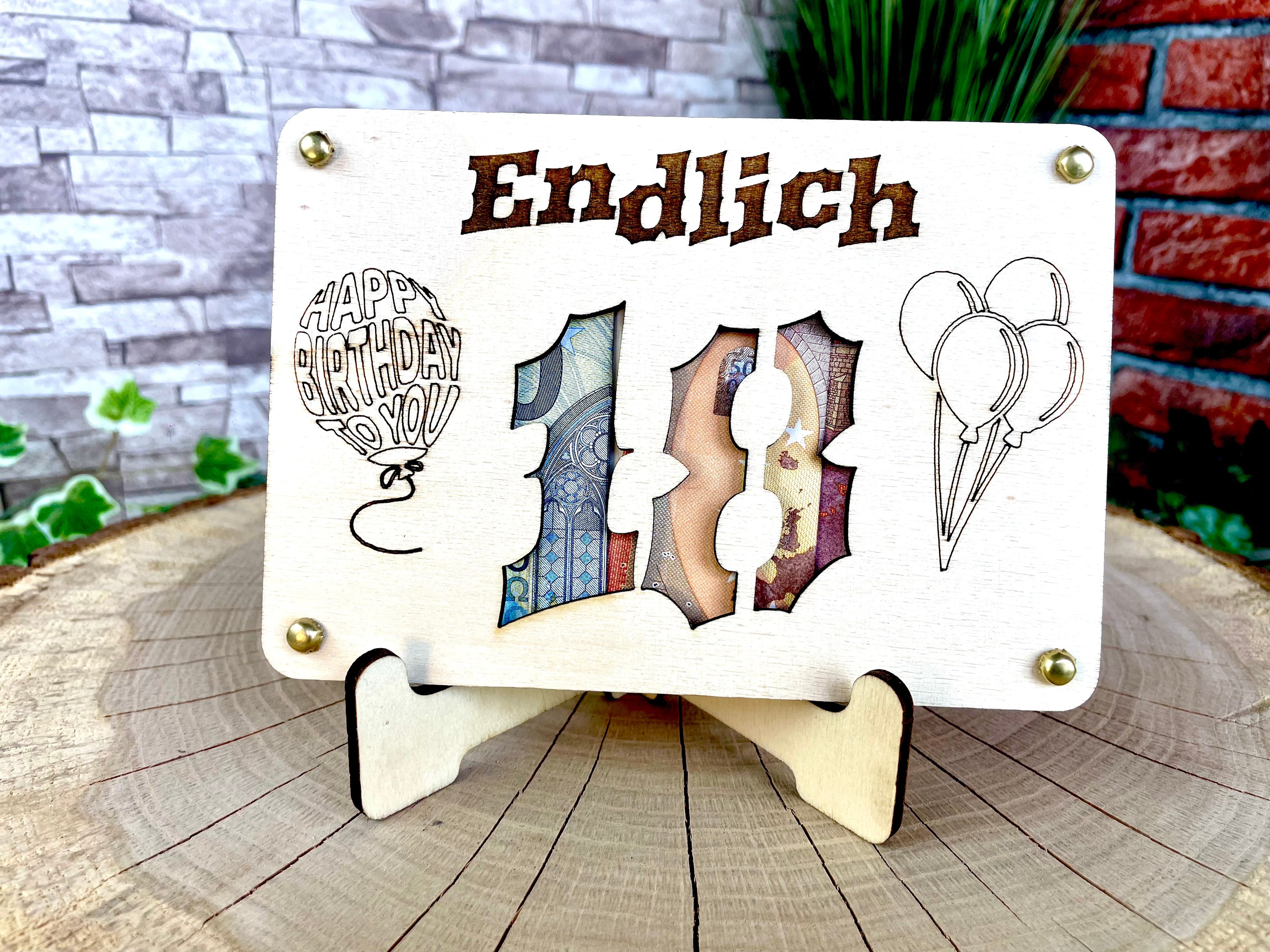Geldgeschenk Endlich 'Endlich 18' Geschenkideen Holz Bilder Schilder Geburtstag Geburt Schulabschluss Abenteuer Outdoor