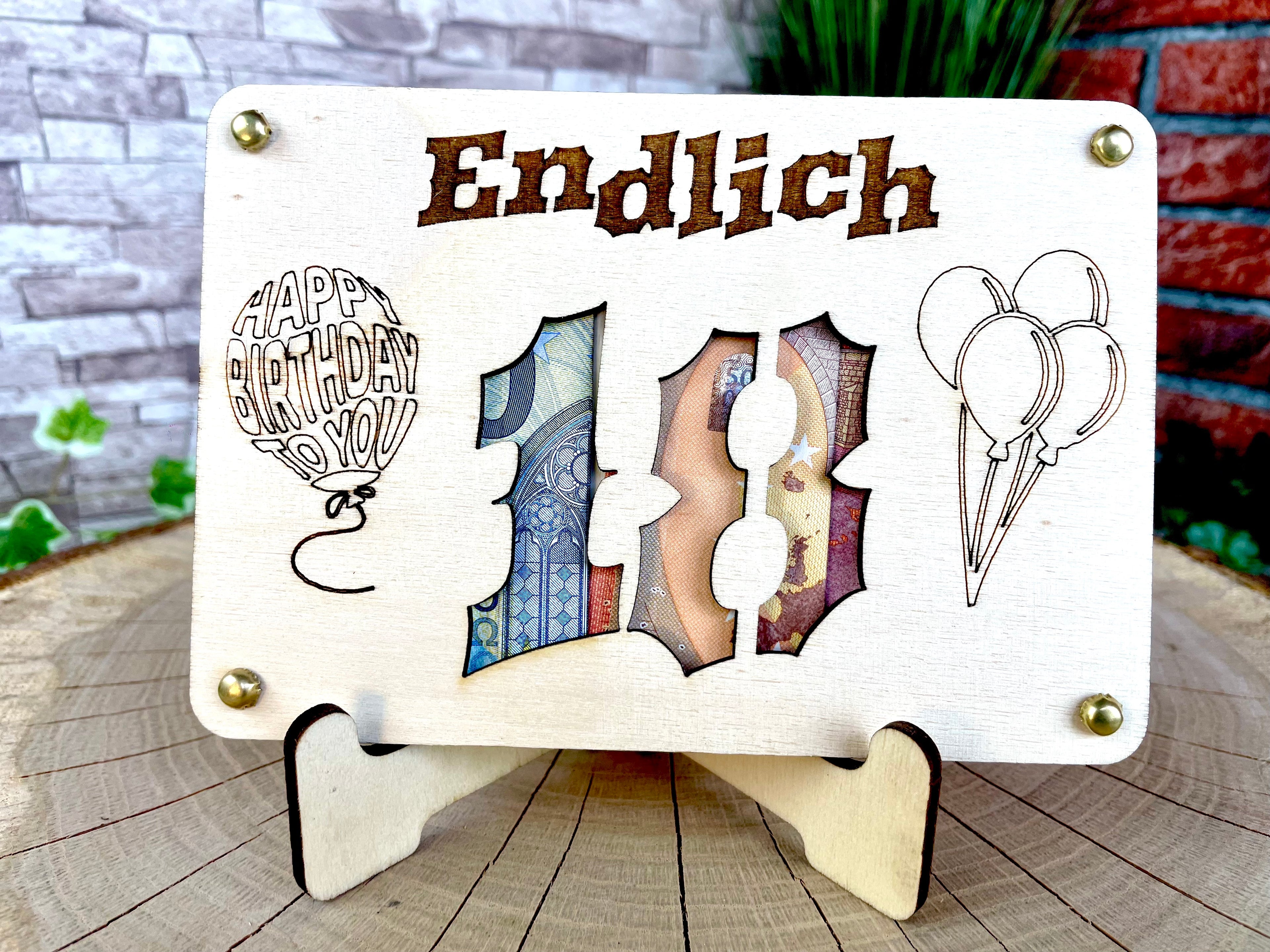 Geldgeschenk Endlich 'Endlich 18' Geschenkideen Holz Bilder Schilder Geburtstag Geburt Schulabschluss Abenteuer Outdoor