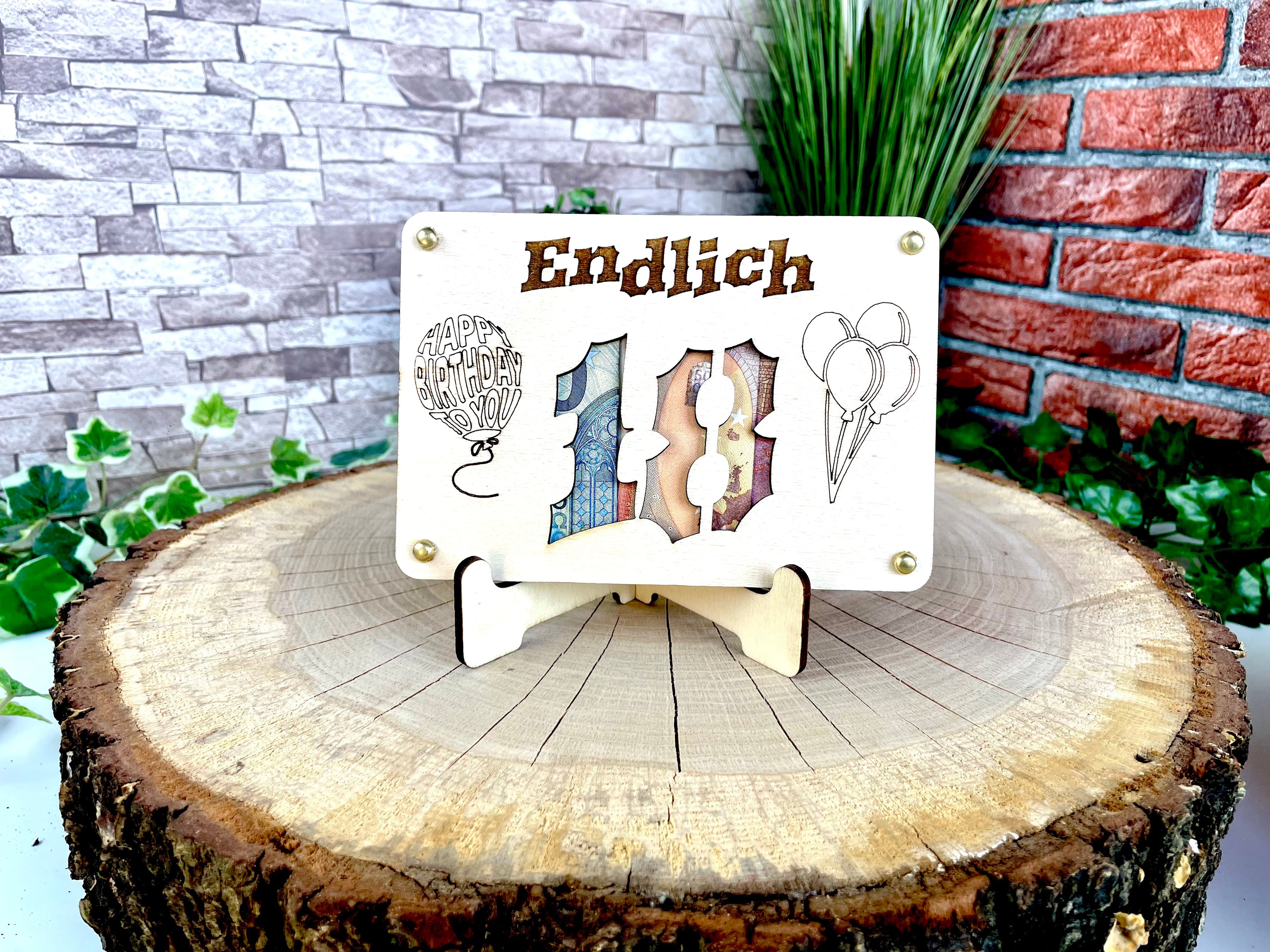 Geldgeschenk Endlich 'Endlich 18' Geschenkideen Holz Bilder Schilder Geburtstag Geburt Schulabschluss Abenteuer Outdoor
