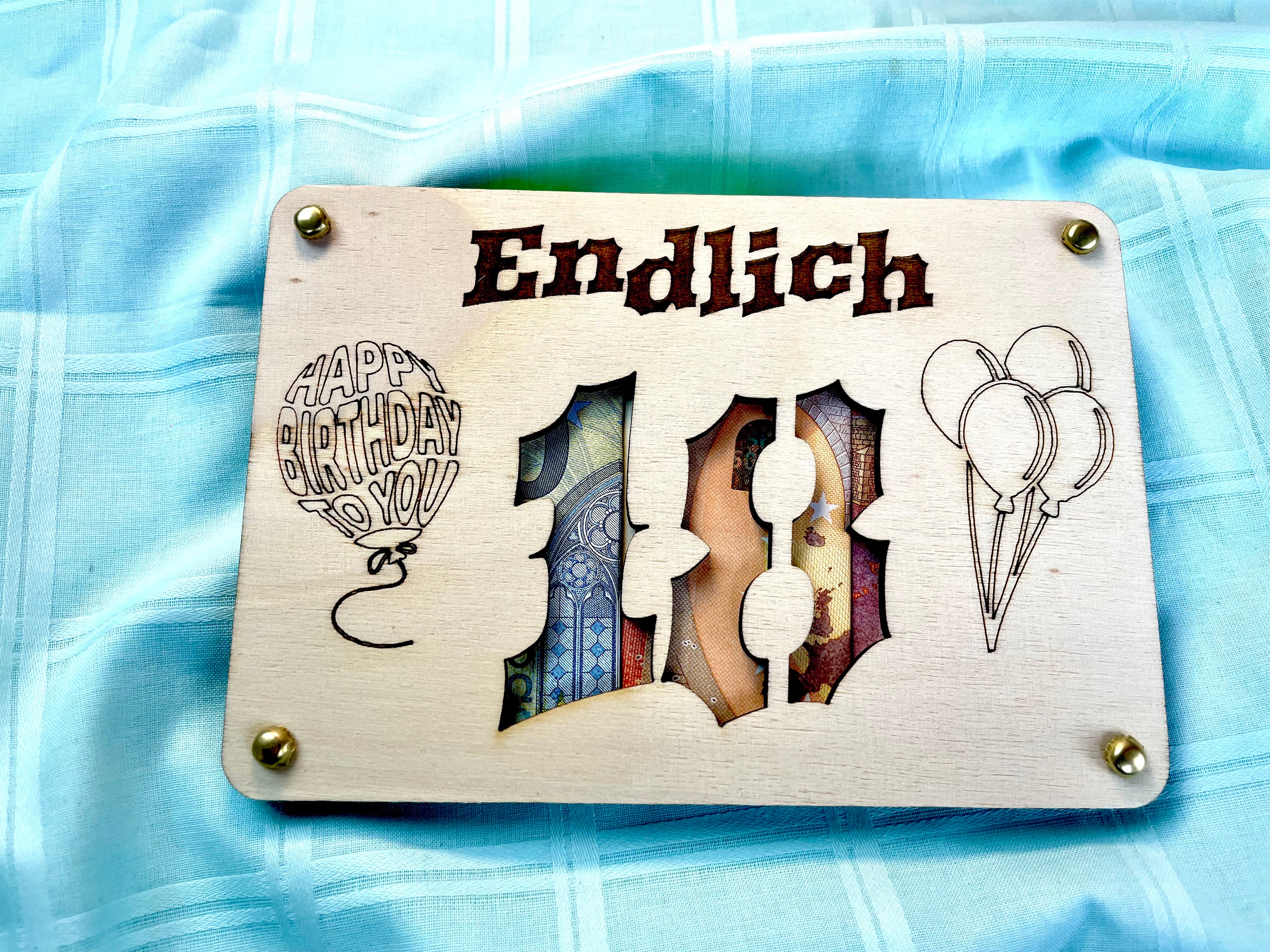 Geldgeschenk Endlich 'Endlich 18' Geschenkideen Holz Bilder Schilder Geburtstag Geburt Schulabschluss Abenteuer Outdoor