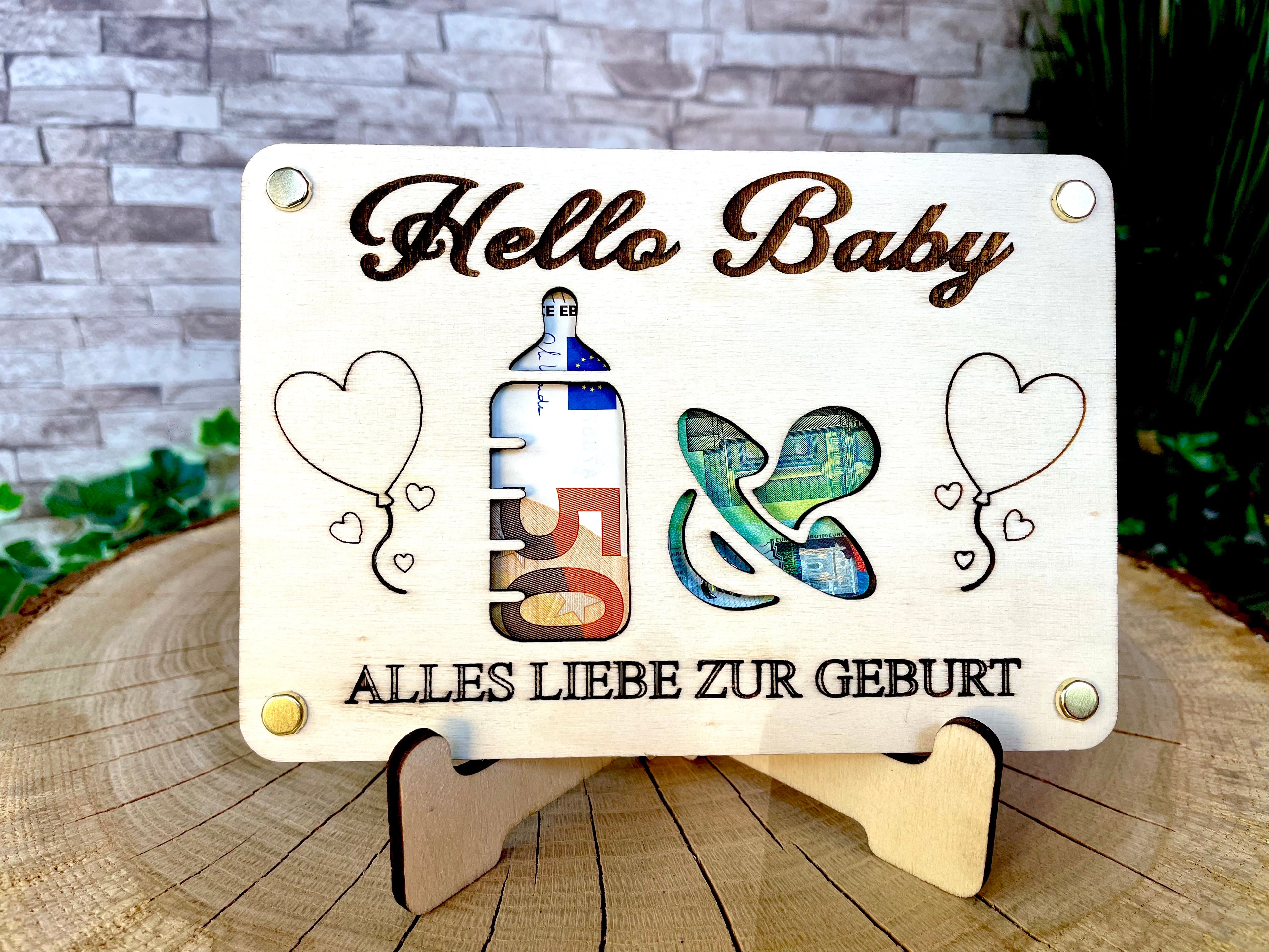Geldgeschenk Baby 'Hallo Baby' Alles Liebe Zur Geburt Geschenkideen Holz Bilder Schilder Geburtstag Schwanger Kind Kinder