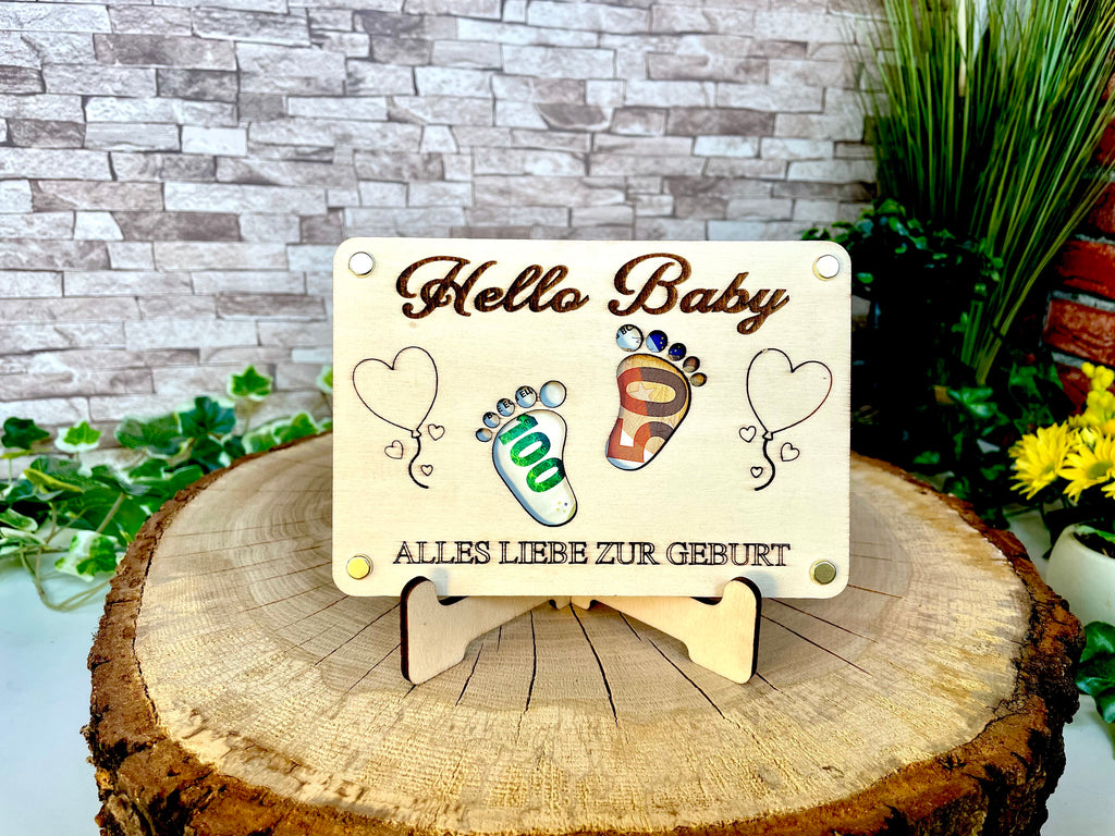 Geldgeschenk Baby 'Hallo Baby' Alles Liebe Zur Geburt Geschenkideen Holz Bilder Schilder Geburtstag Schwanger Kind Kinder