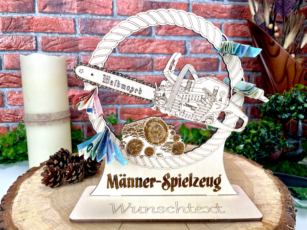 Holz‑Kettensäge für Geldgeschenke – Personalisiertes Männergeschenk, witzige Holzdeko für Handwerker und Heimwerker