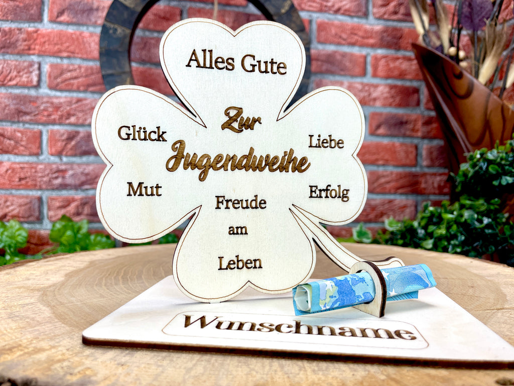 Kleeblatt zur Jugendweihe handgefertigt aus Holz - Glück, Liebe & Erfolg im Leben Lebenswende Liebevolle Geschenke Besonderes Geschenk
