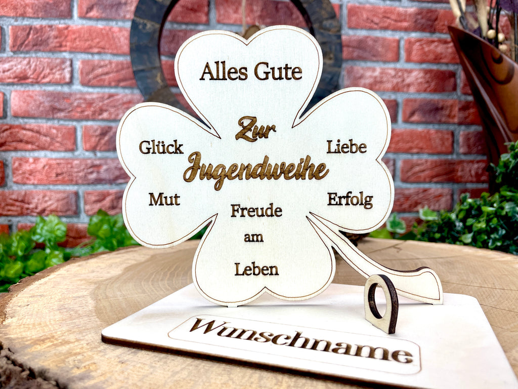 Kleeblatt zur Jugendweihe handgefertigt aus Holz - Glück, Liebe & Erfolg im Leben Lebenswende Liebevolle Geschenke Besonderes Geschenk