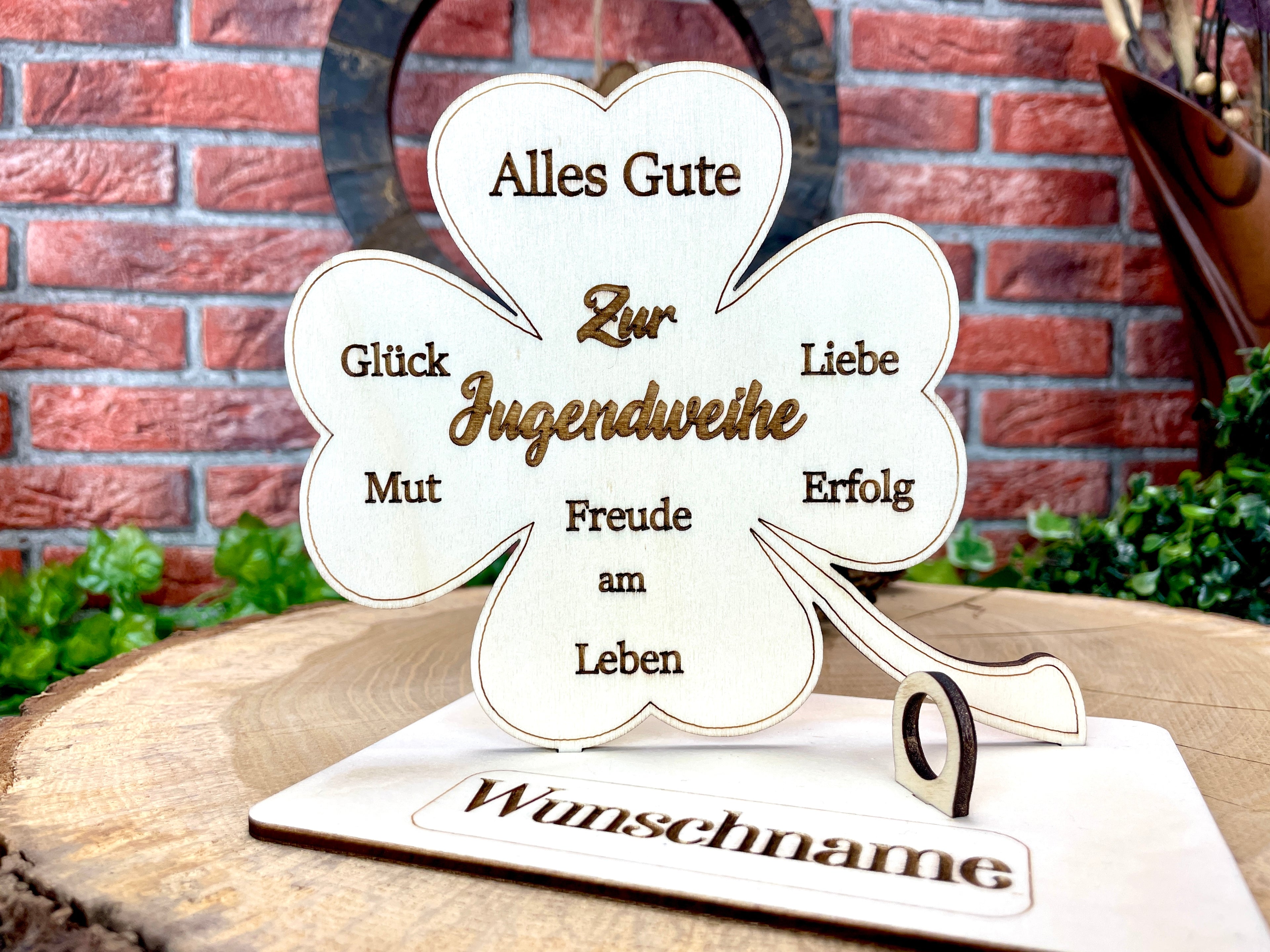 Kleeblatt zur Jugendweihe handgefertigt aus Holz - Glück, Liebe & Erfolg im Leben Lebenswende Liebevolle Geschenke Besonderes Geschenk