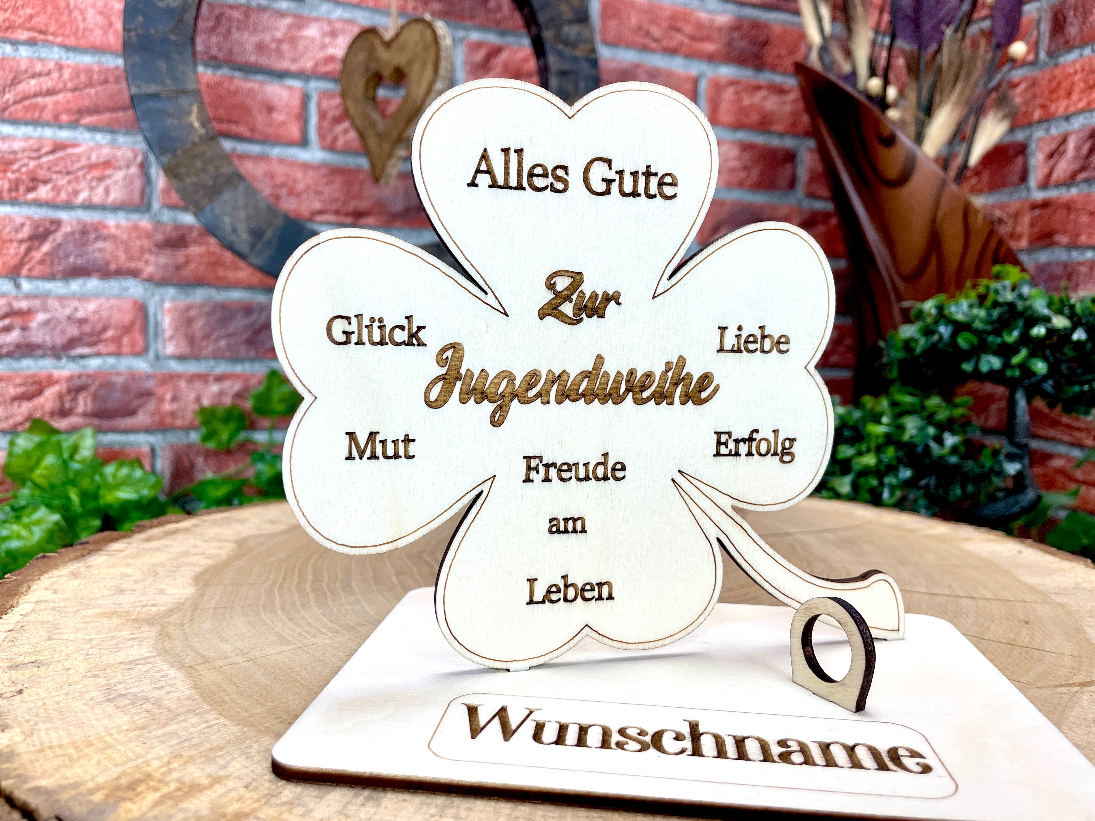 Kleeblatt zur Jugendweihe handgefertigt aus Holz - Glück, Liebe & Erfolg im Leben Lebenswende Liebevolle Geschenke Besonderes Geschenk